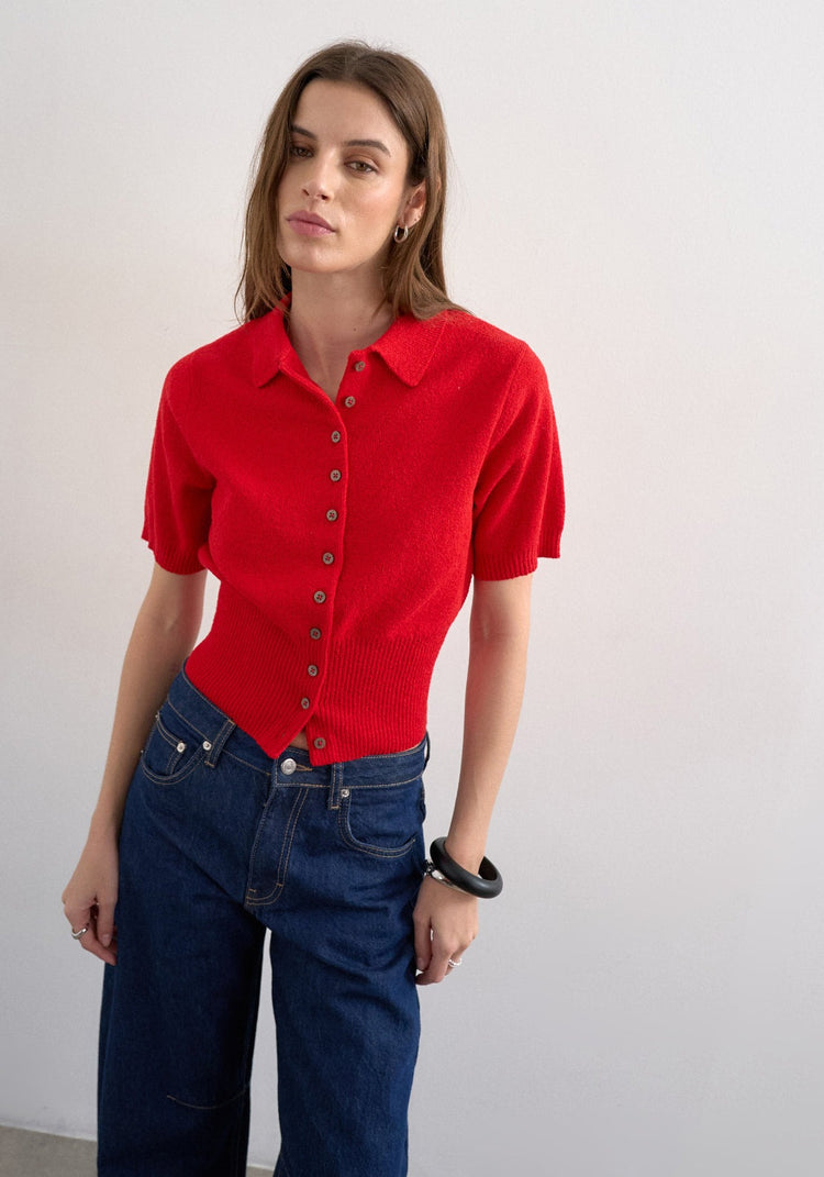 Topshop Kylie Short Sleeve Cinch Waist Polo Pullover - Rio Red 1 Shaws Department Stores
