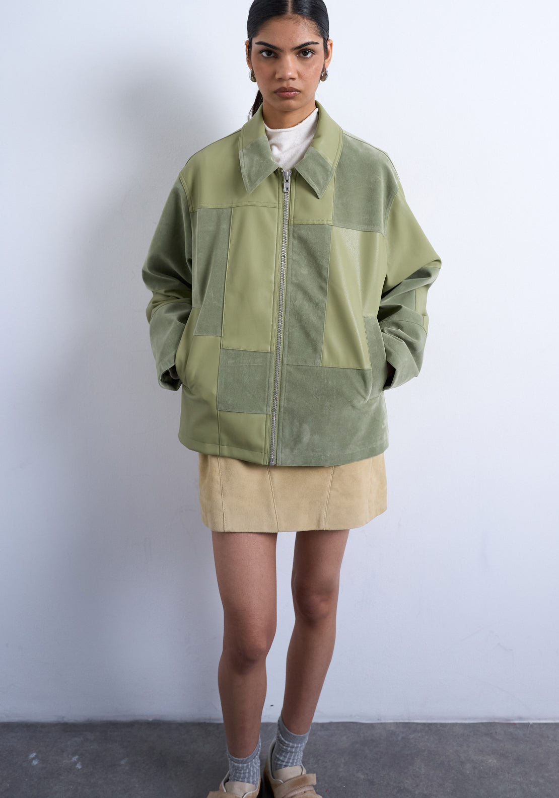 Topshop Emily Patchwork Jacket - Medium Green 1 Shaws Department Stores