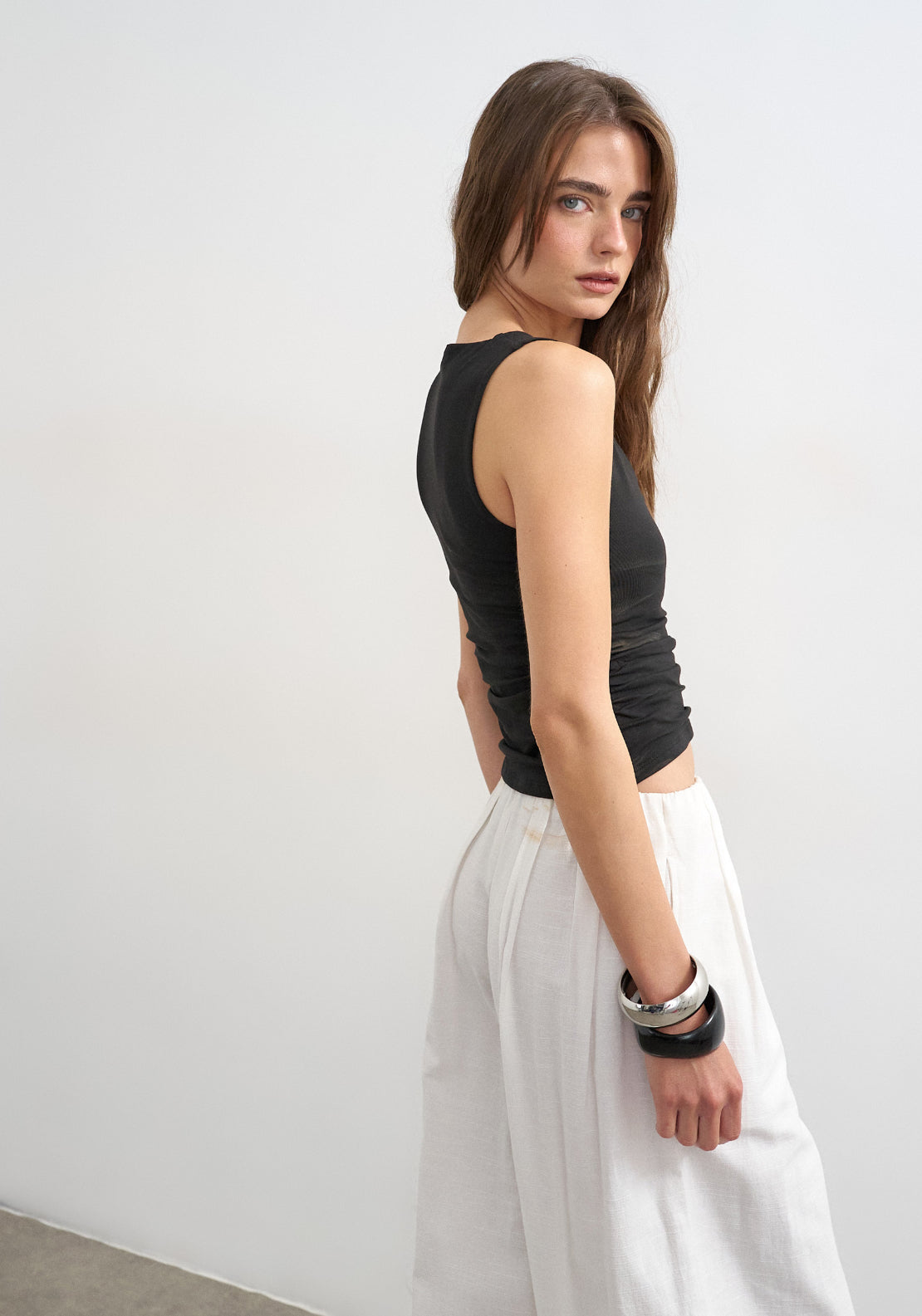 Topshop My Sleeveless V-Neck Ruched Side Tank Top - Black 2 Shaws Department Stores
