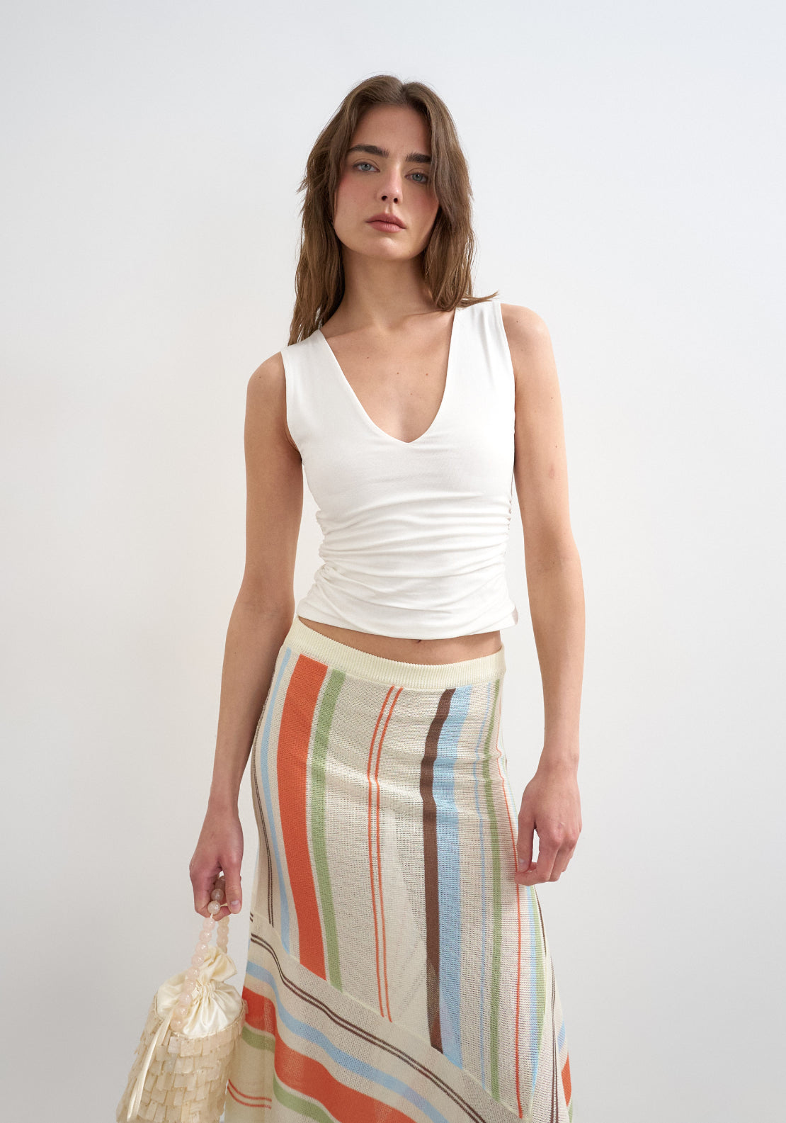 Topshop My Sleeveless V-Neck Ruched Side Tank Top - White 1 Shaws Department Stores