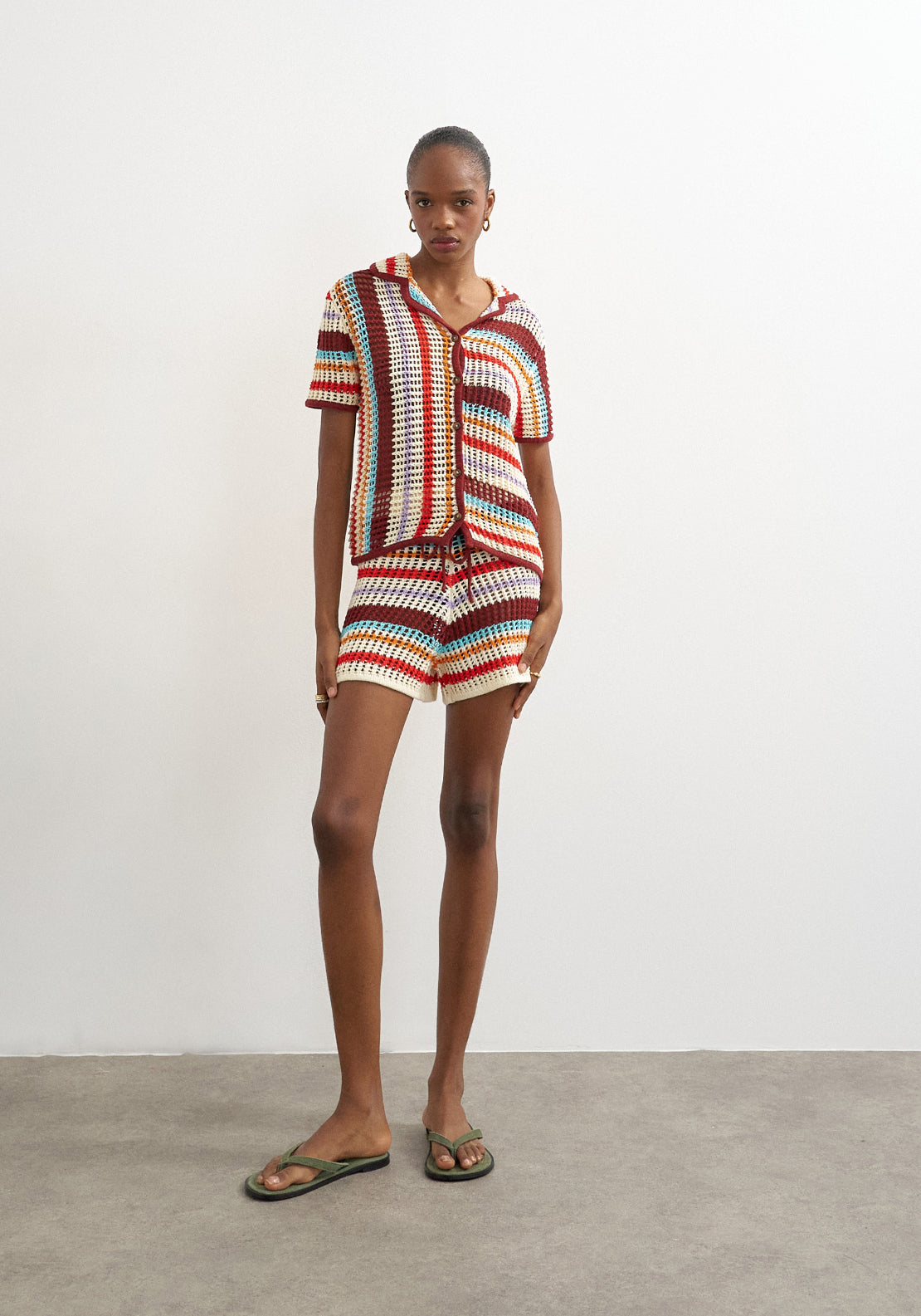 Topshop Kaia High Rise Crochet Stripped Knit Shorts - Burgundy 4 Shaws Department Stores