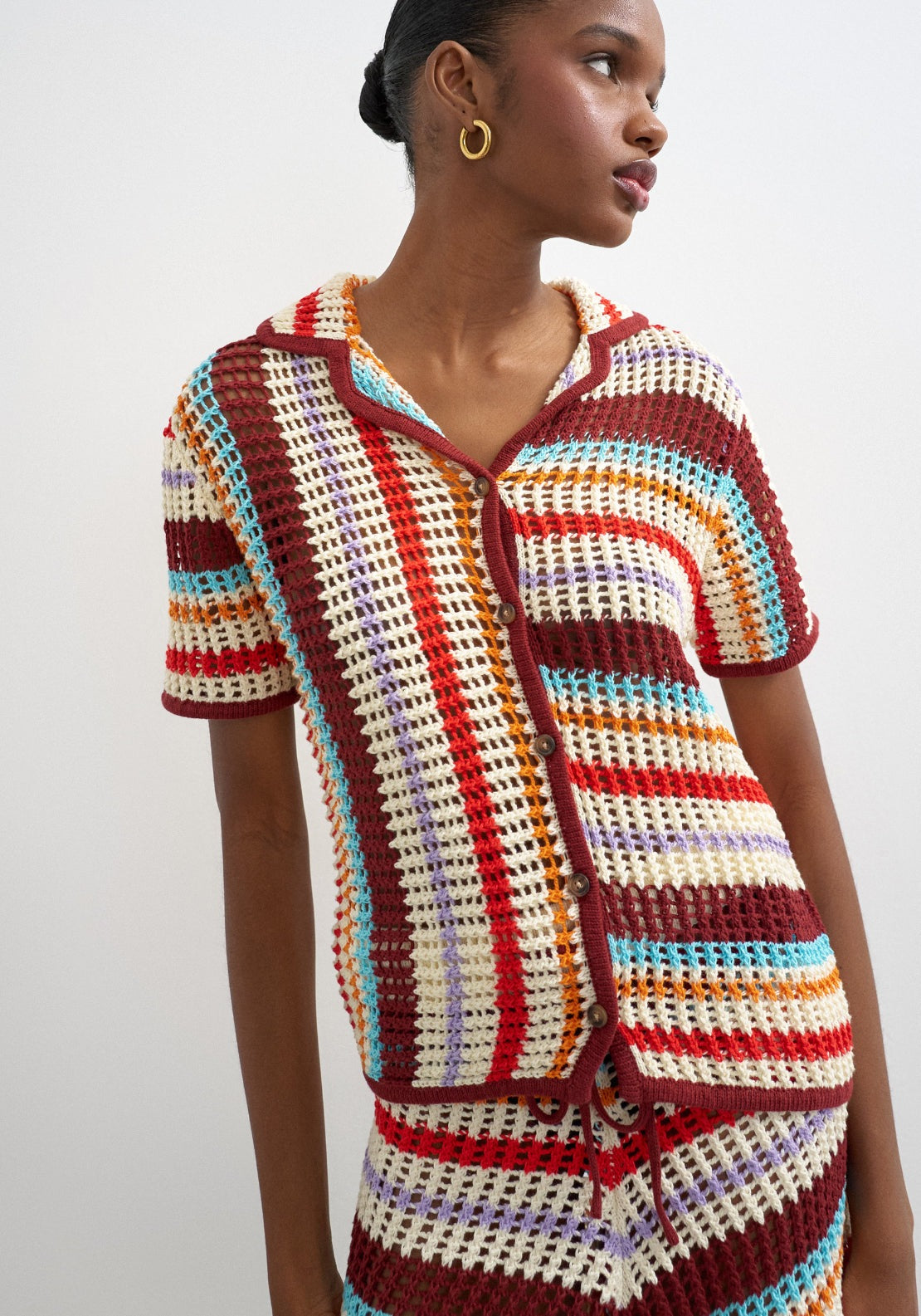 Topshop Gerdi Short Sleeve Crochet Striped Knit Shirt - Burgundy 1 Shaws Department Stores