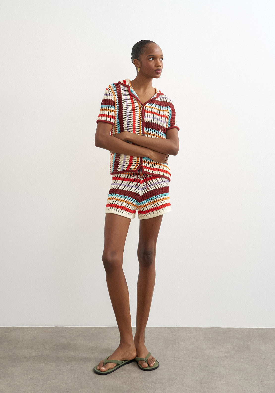 Topshop Gerdi Short Sleeve Crochet Striped Knit Shirt - Burgundy 4 Shaws Department Stores