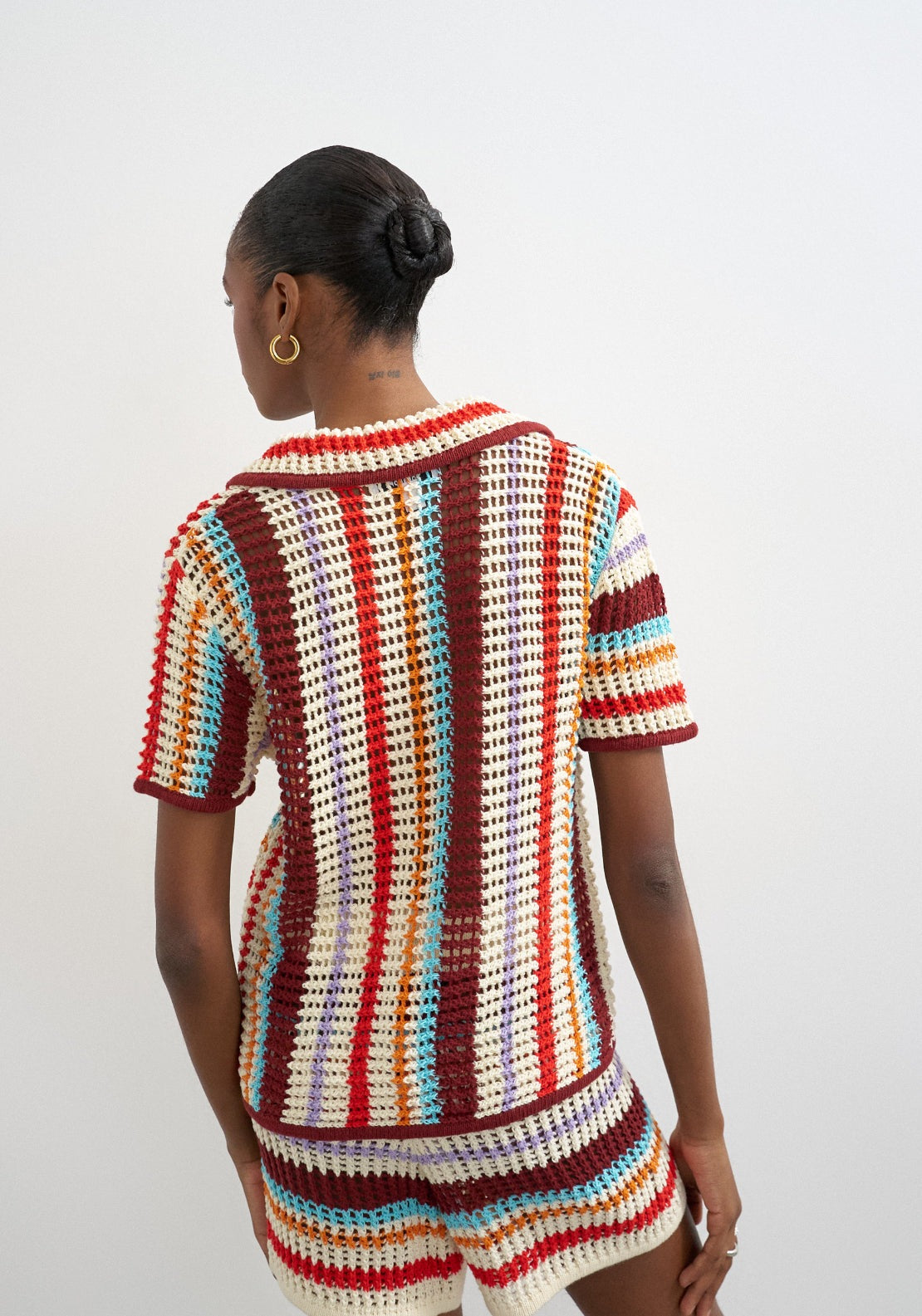 Topshop Gerdi Short Sleeve Crochet Striped Knit Shirt - Burgundy 2 Shaws Department Stores