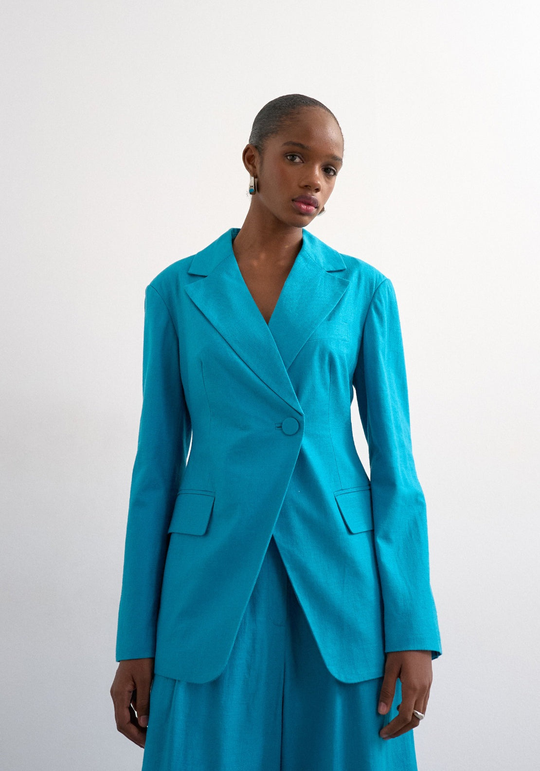 Topshop Karin Long Sleeve Cinched Waist Blazer - Blue 1 Shaws Department Stores