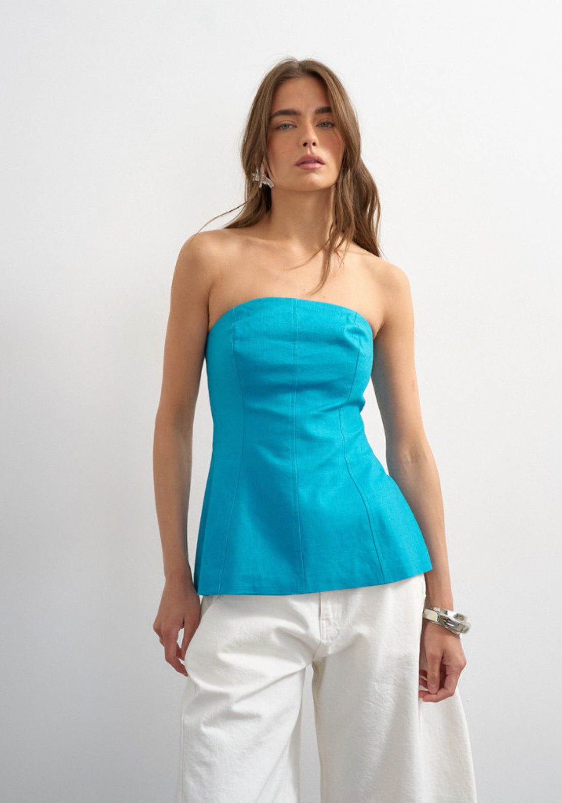 Linen Blend Rosa Sleeveless Tailored Bandeau Top - Blue