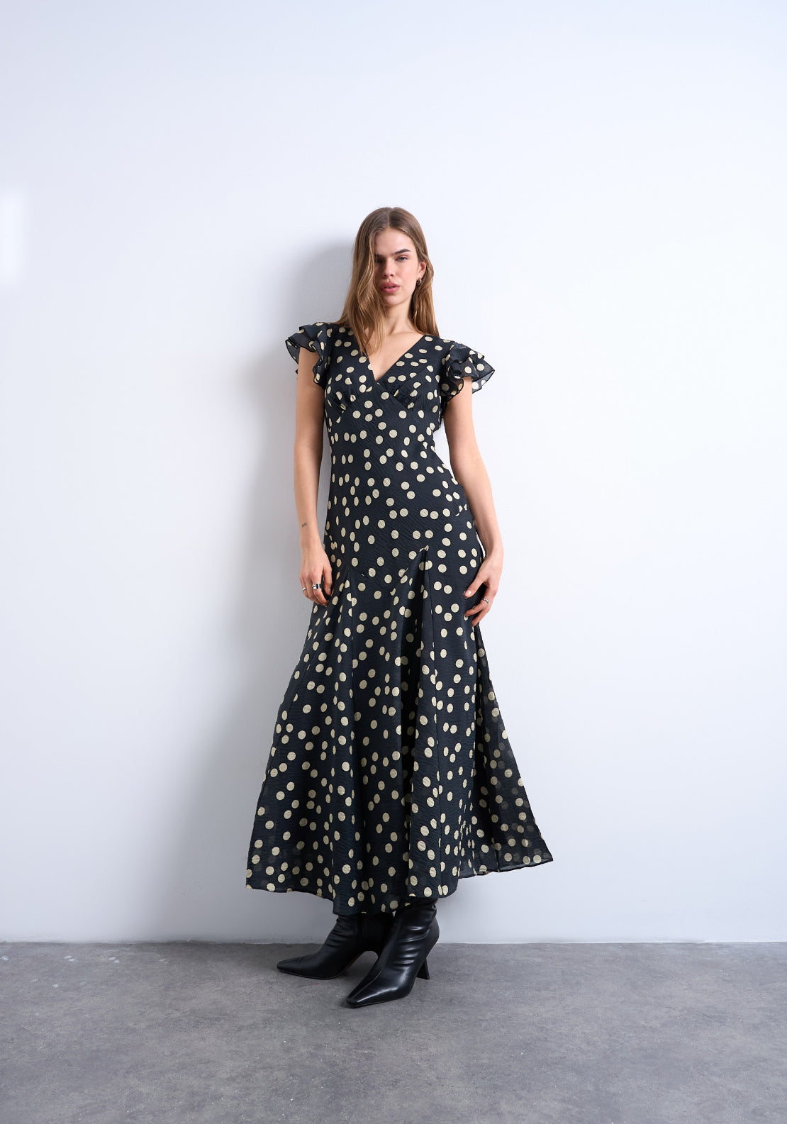 Topshop Saga Short Sleeve Maxi Dress - Black Dots 1 Shaws Department Stores