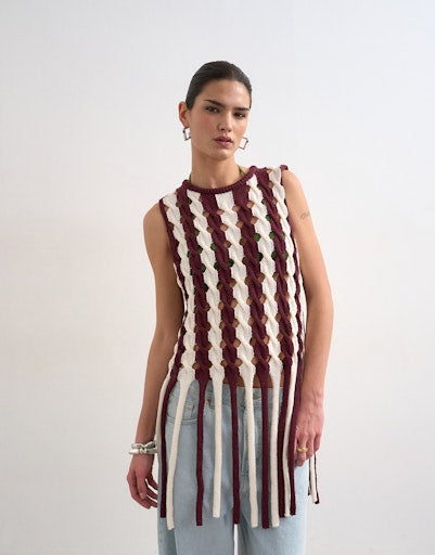 Topshop Fina Knitted Cable Tassel Tank Top - Burgundy 1 Shaws Department Stores