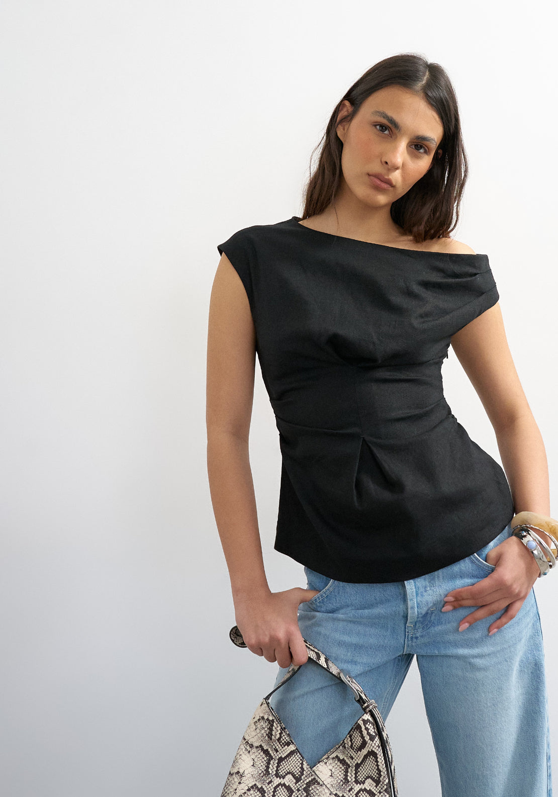 Topshop Linen Blend Casa Cinched Waist Top - Black 1 Shaws Department Stores