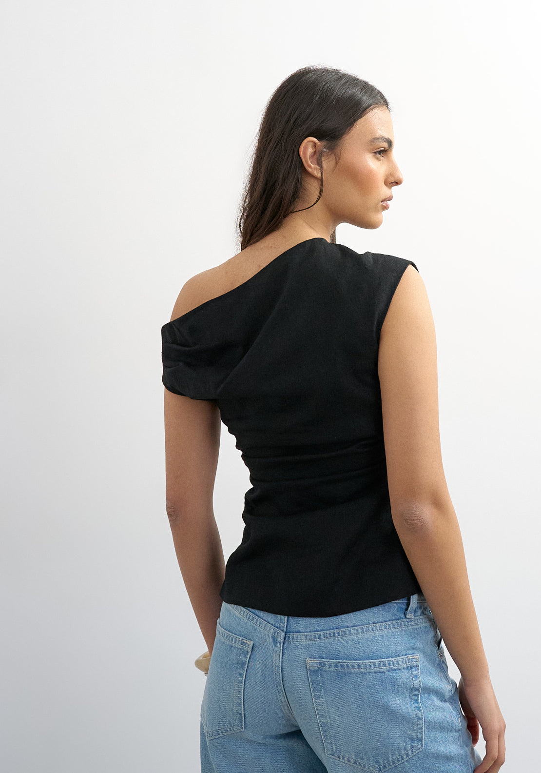 Topshop Linen Blend Casa Cinched Waist Top - Black 2 Shaws Department Stores