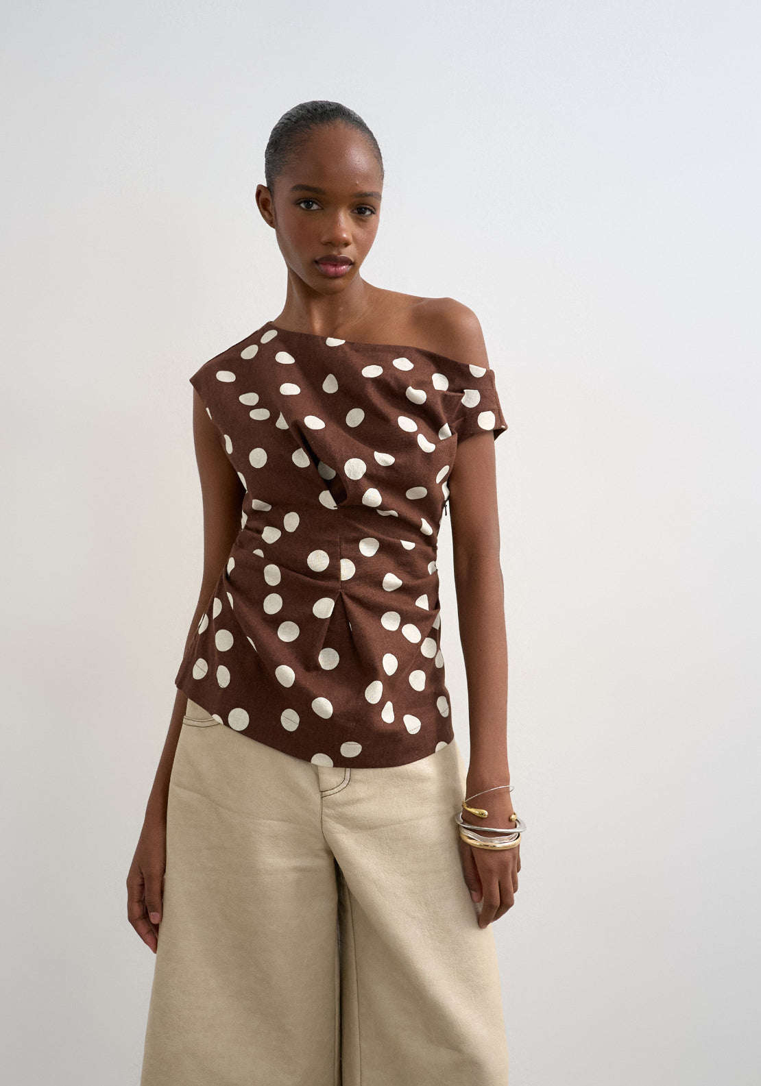 Topshop Linen Blend Casa Cinched Waist Top - Beige 1 Shaws Department Stores