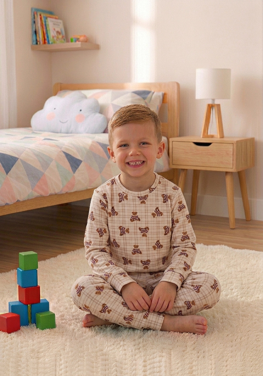The Sleep Collection Teddy Check Cew Neck Pyjama Set - Beige 1 Shaws Department Stores