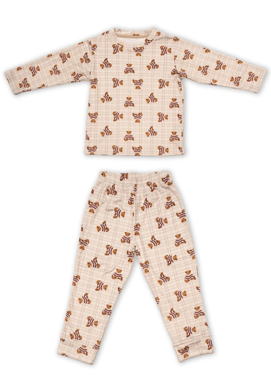 The Sleep Collection Teddy Check Cew Neck Pyjama Set - Beige 2 Shaws Department Stores