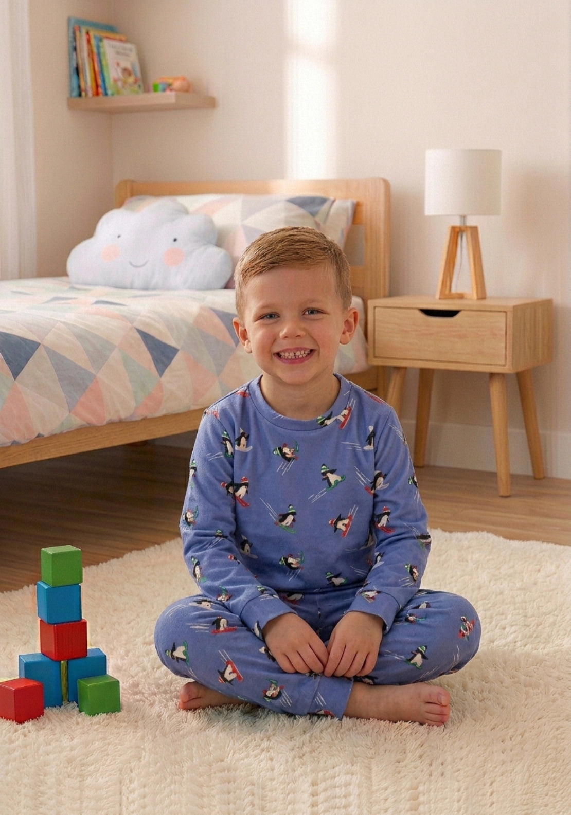 The Sleep Collection Penguin Skiing Print Pyjama Set - Blue 1 Shaws Department Stores