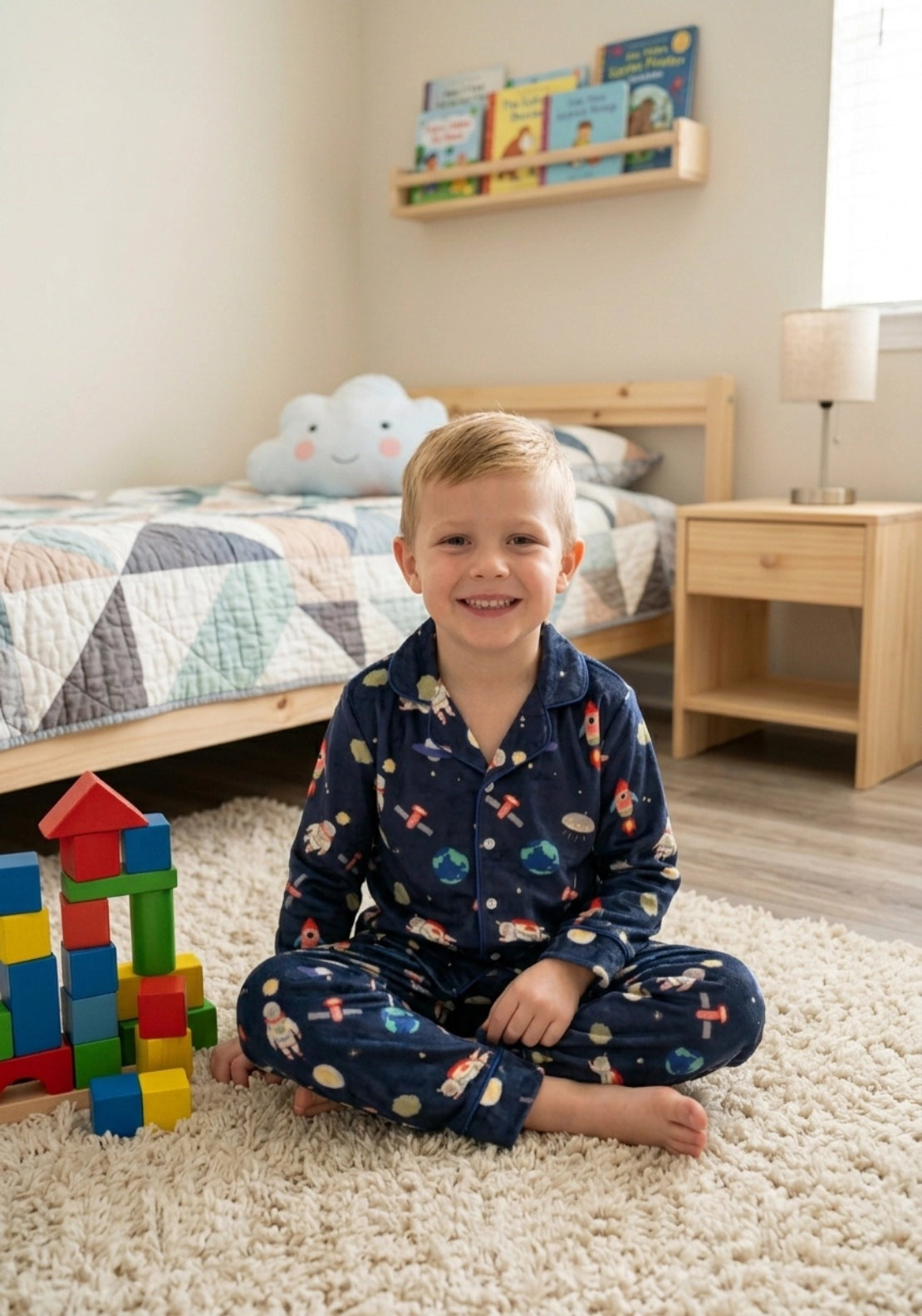 The Sleep Collection Rocket Print Button Through Pyjama Set - Blue 1 Shaws Department Stores