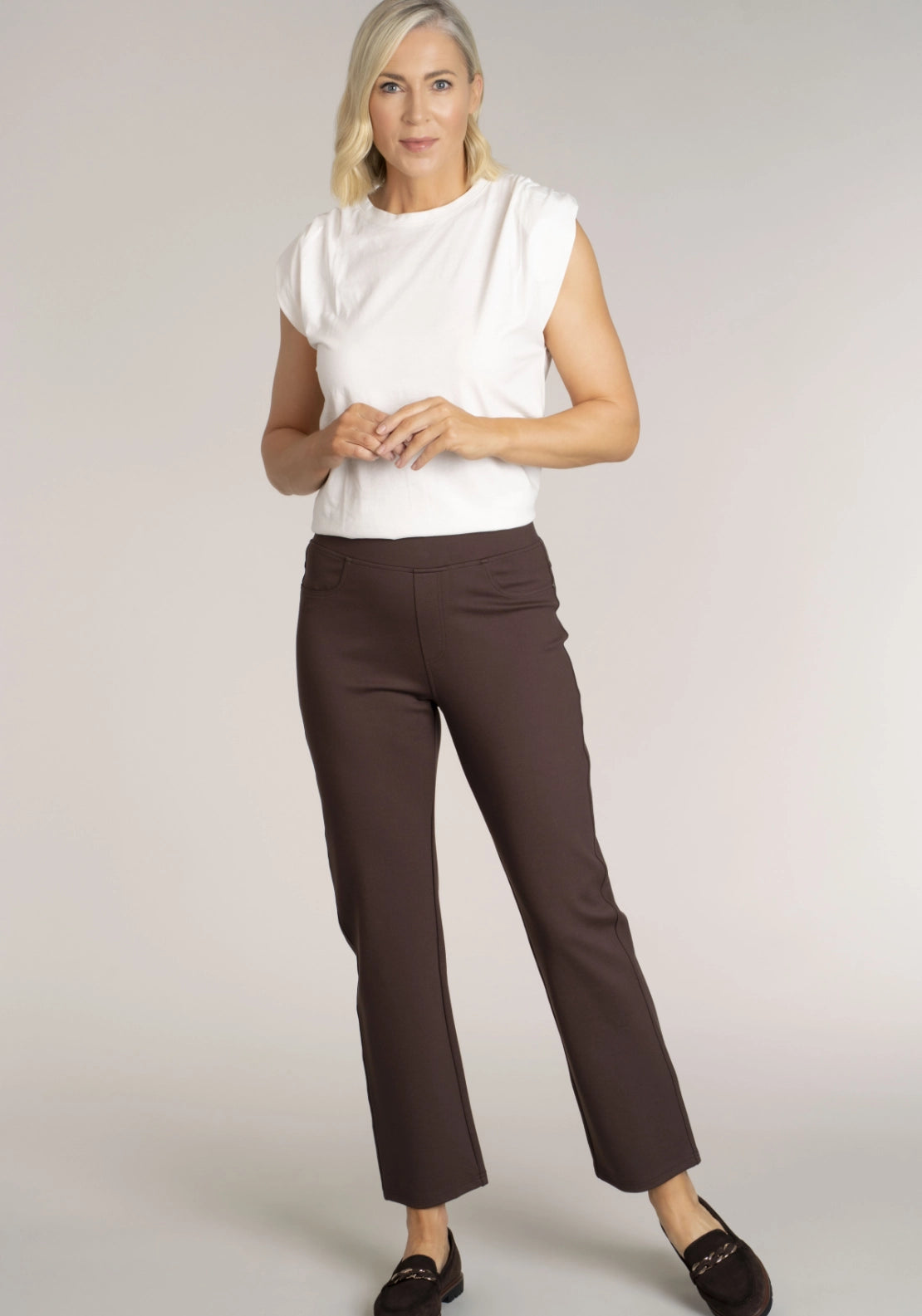 Tea Lane Elastic Waistband Trouser - Brown 4 Shaws Department Stores