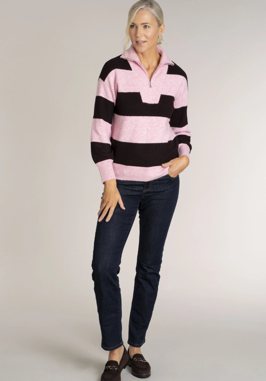 Tea Lane Half Zip Stripe Sweater - Pink Burgundy 4 Shaws Department Stores