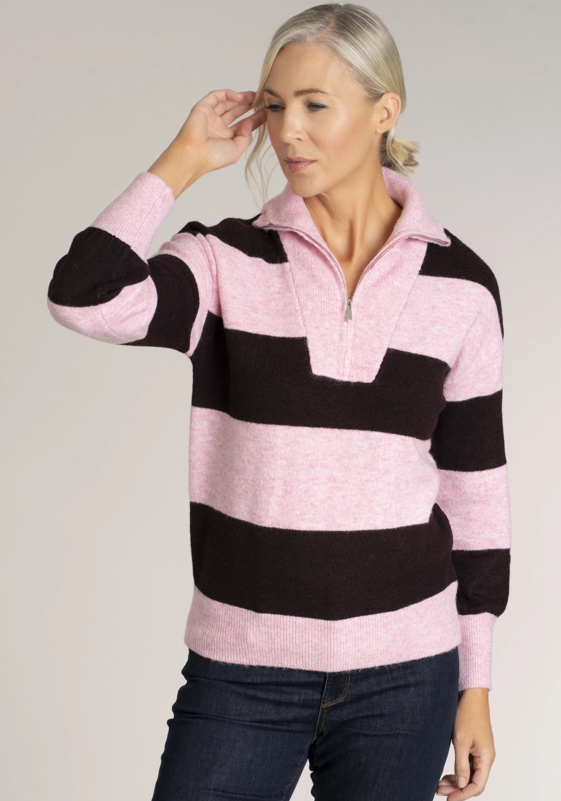 Tea Lane Half Zip Stripe Sweater - Pink Burgundy 1 Shaws Department Stores