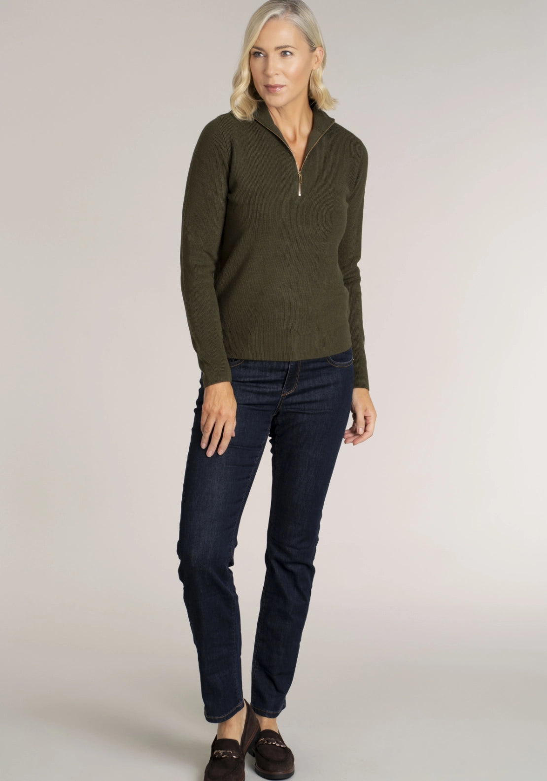 Cashmillon Zip Neck Jumper - Dark Sage