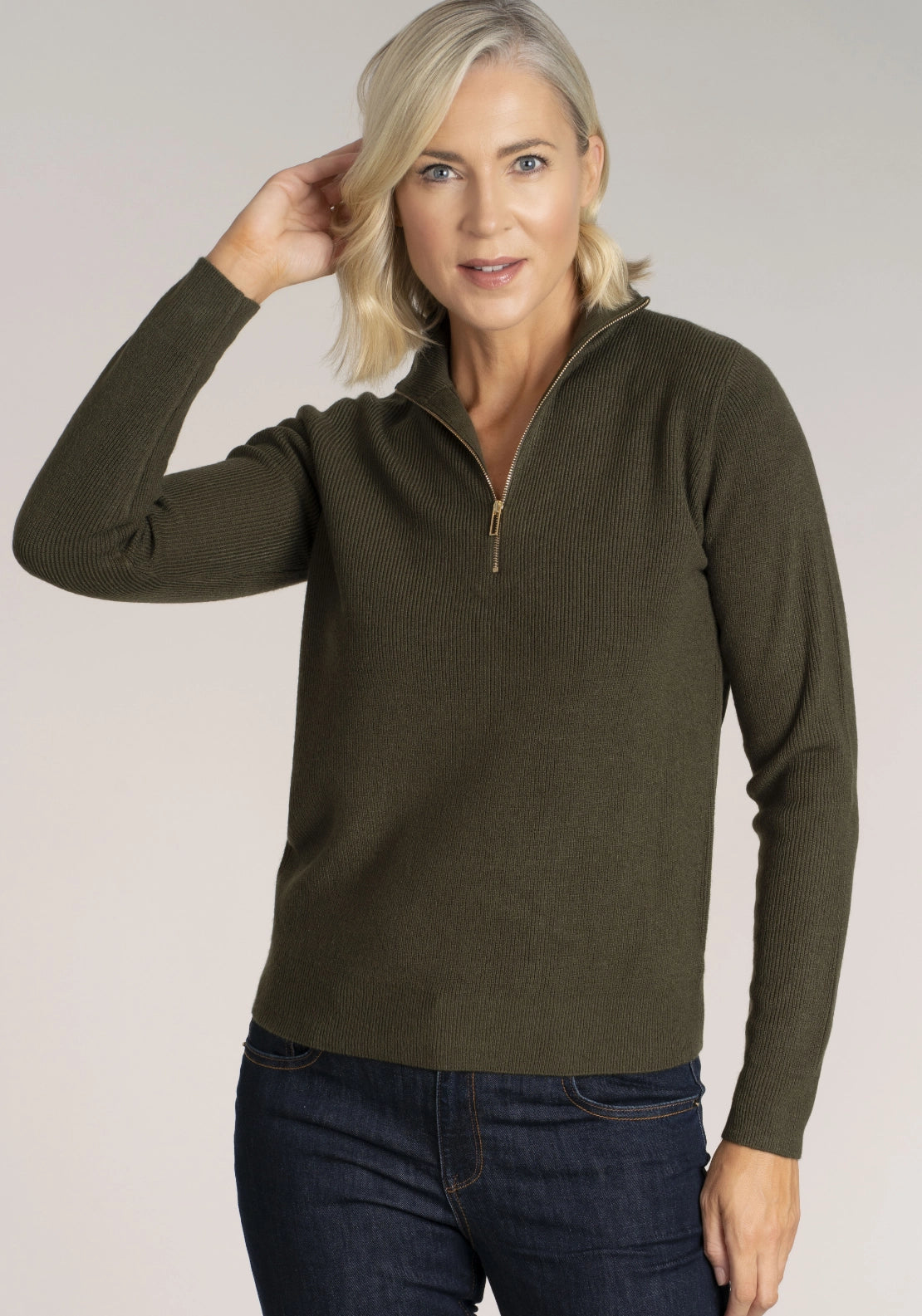 Cashmillon Zip Neck Jumper - Dark Sage
