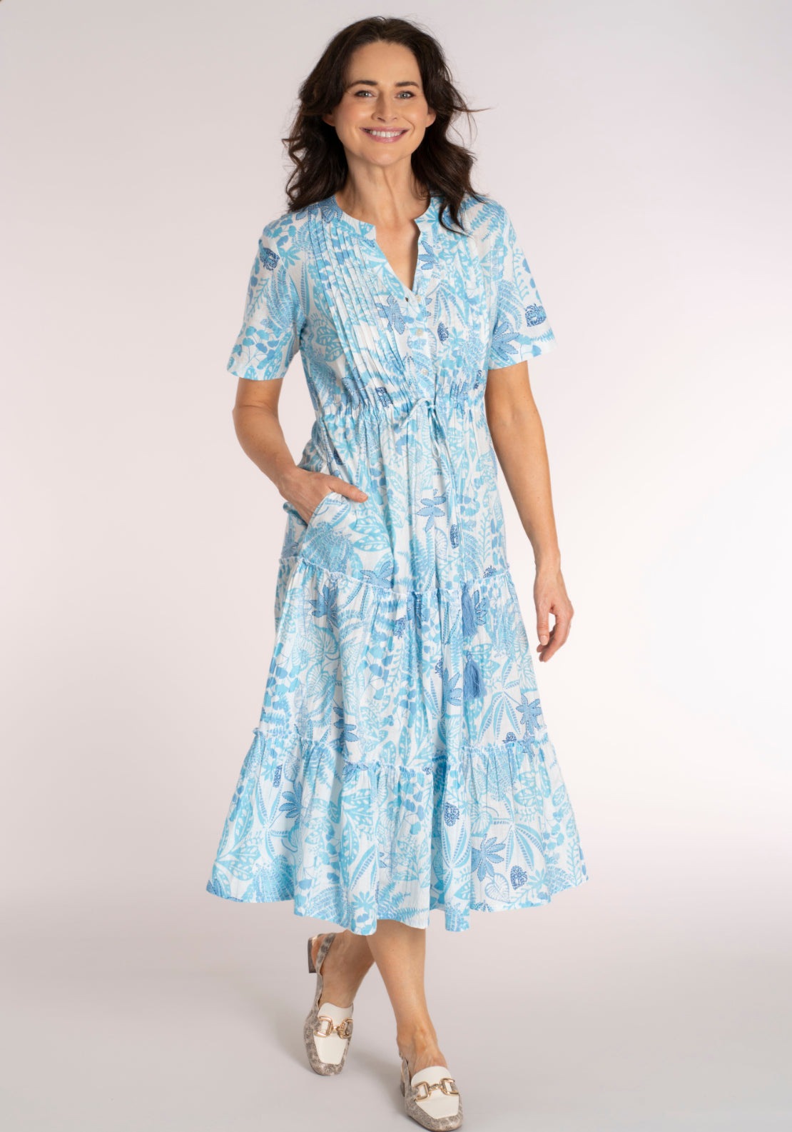 Tea Lane Cotton Floral Collar Dress - Blue 8 Shaws Department Stores