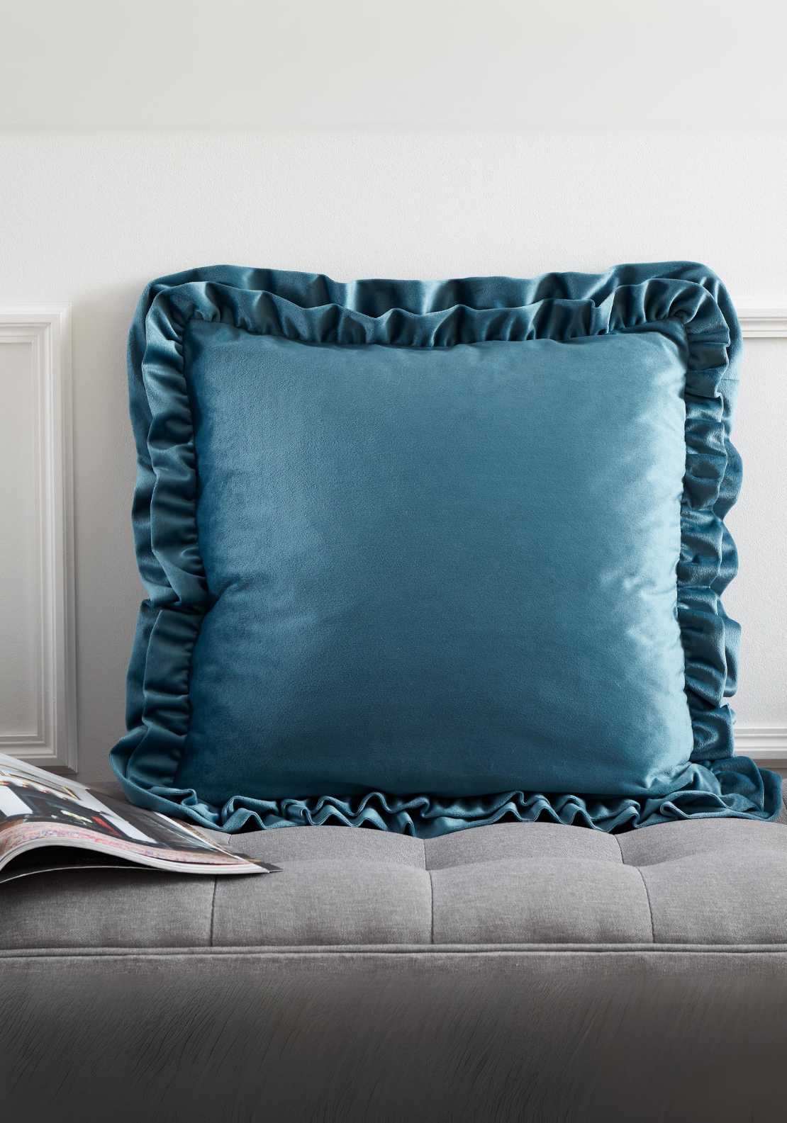 The Home Luxury Collection Reagan Soft Touch Matt Velvet Double Frill Cushion - Blue 1 Shaws Department Stores