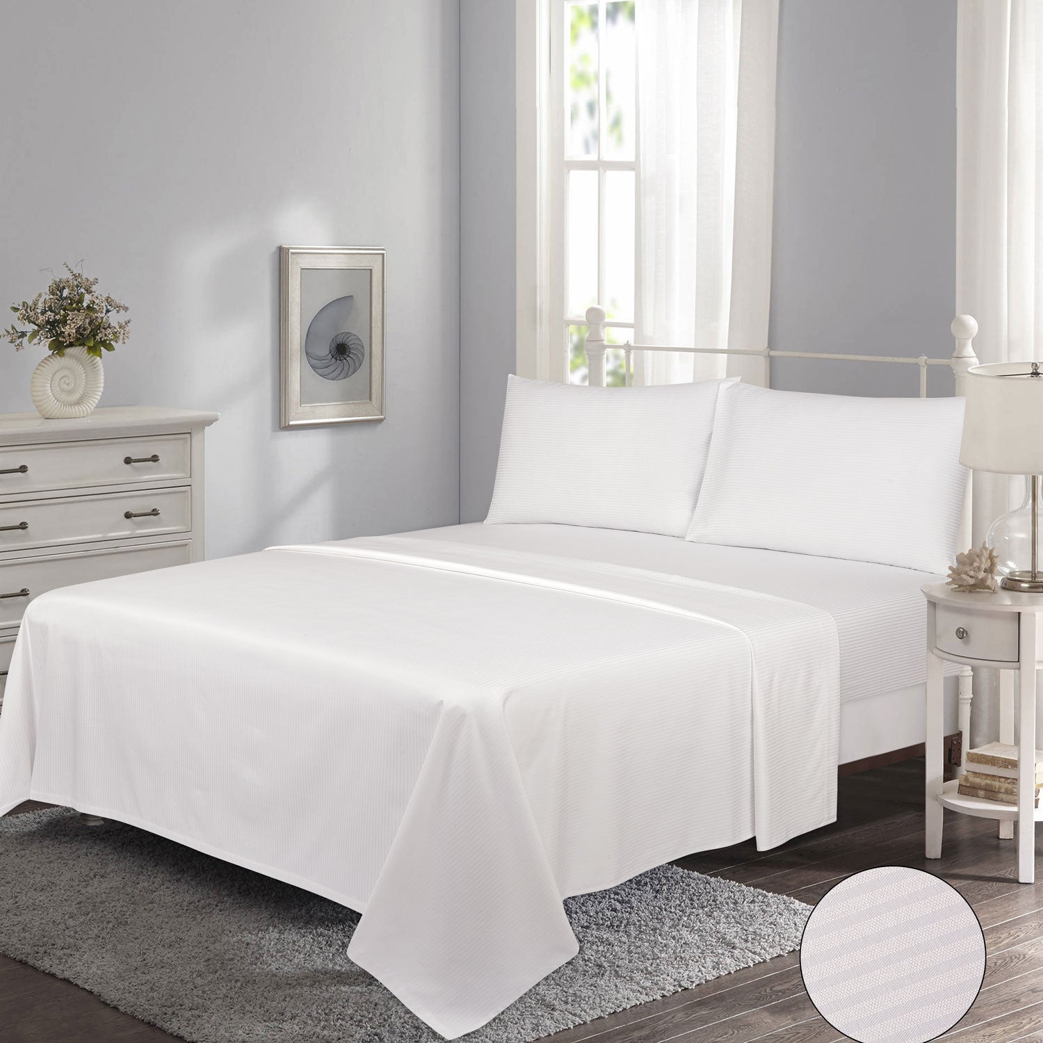 The Home Bedroom 300 Thread Count Satin Stripe Flat Sheet - White - Super King 1 Shaws Department Stores