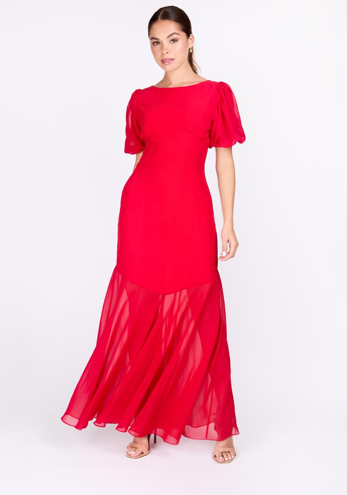 Little Mistress Red Chiffon Puff Sleeve Maxi Dress - Crimson 3 Shaws Department Stores