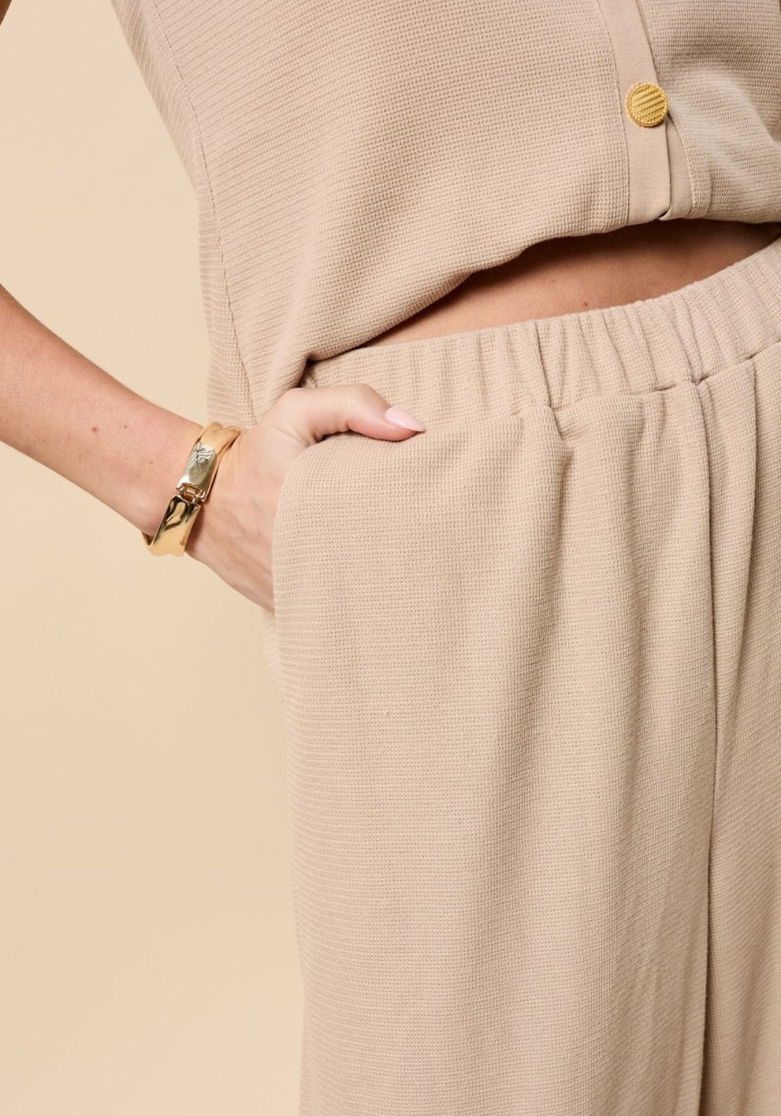 Little Mistress Taupe Wide Leg Knitted Trousers - Beige 3 Shaws Department Stores