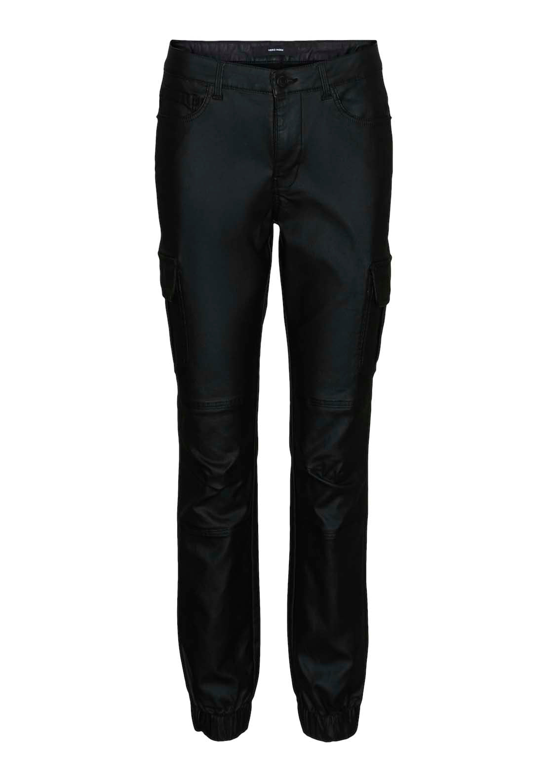 Vero Moda ivy Mid rise Angle Cargo Pants - Black Coated 2 Shaws Department Stores
