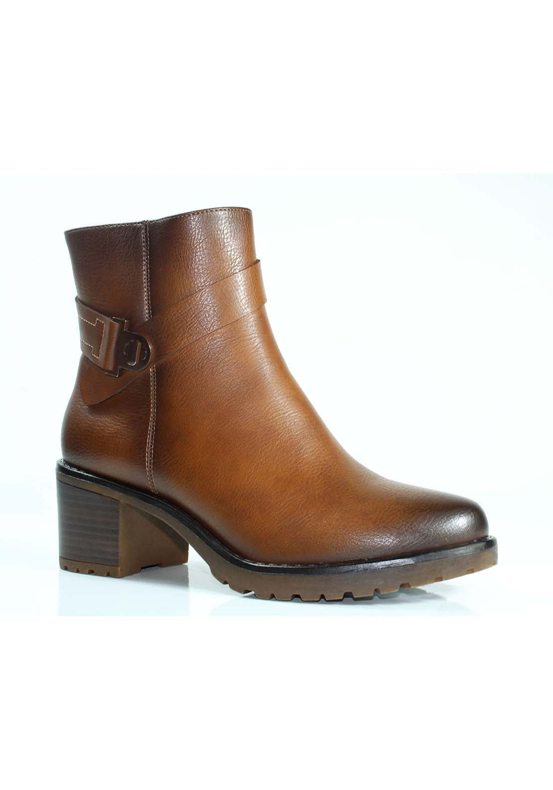 Susst Low Stack Heel Boots With Strap Trim - Tan 1 Shaws Department Stores