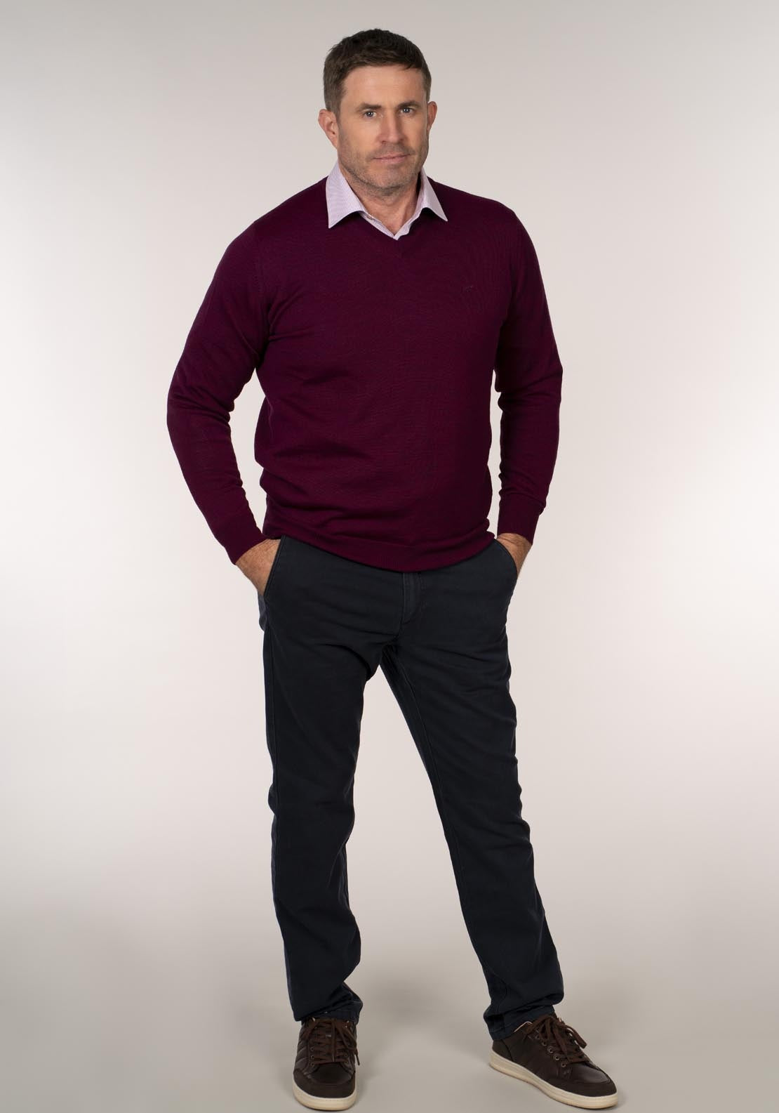 Yeats Merino Plain V Neck Knitwear - Dark Cerise 6 Shaws Department Stores