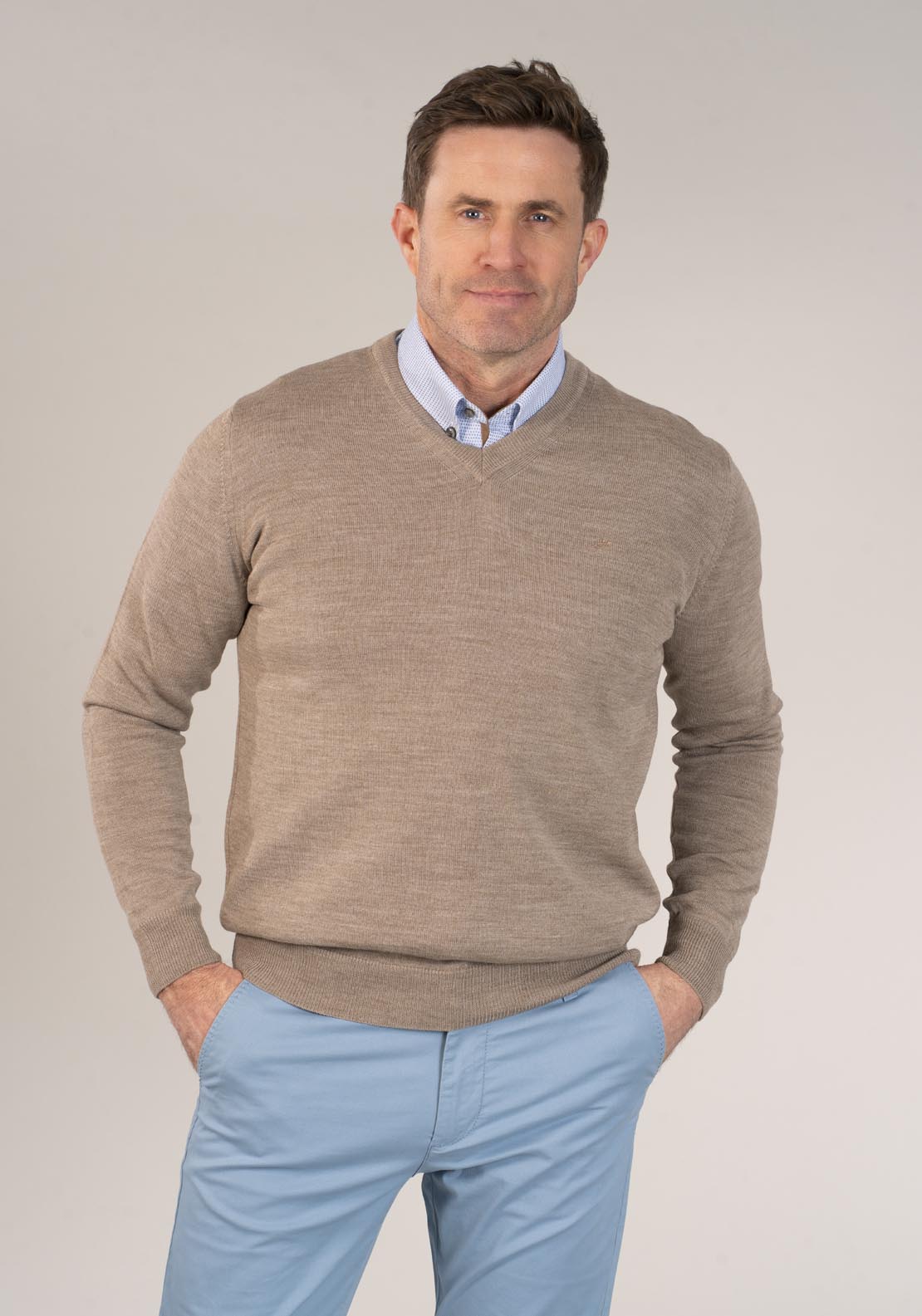 Yeats 50/50 Fine Merino Wool &amp; Acrylic V-Neck Knit - Taupe 1 Shaws Department Stores