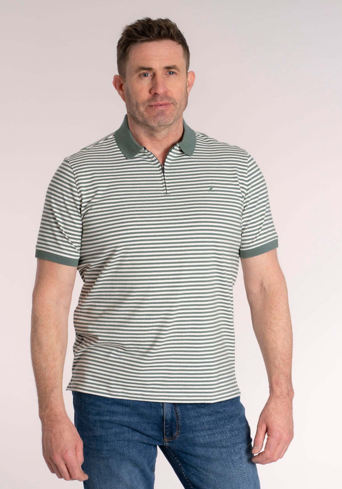 Yeats 100% Cotton Stripe Zip Polo - Green 1 Shaws Department Stores