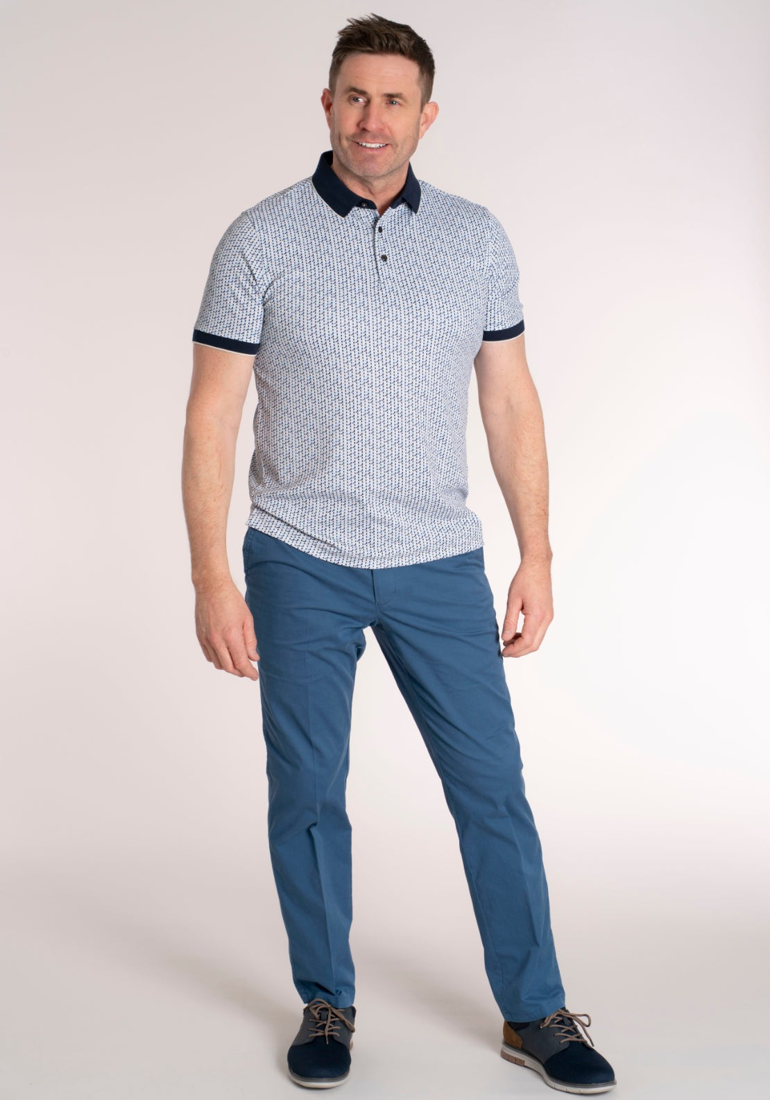 Yeats 100% Cotton 3 Button Print Polo - Soft Gray 6 Shaws Department Stores