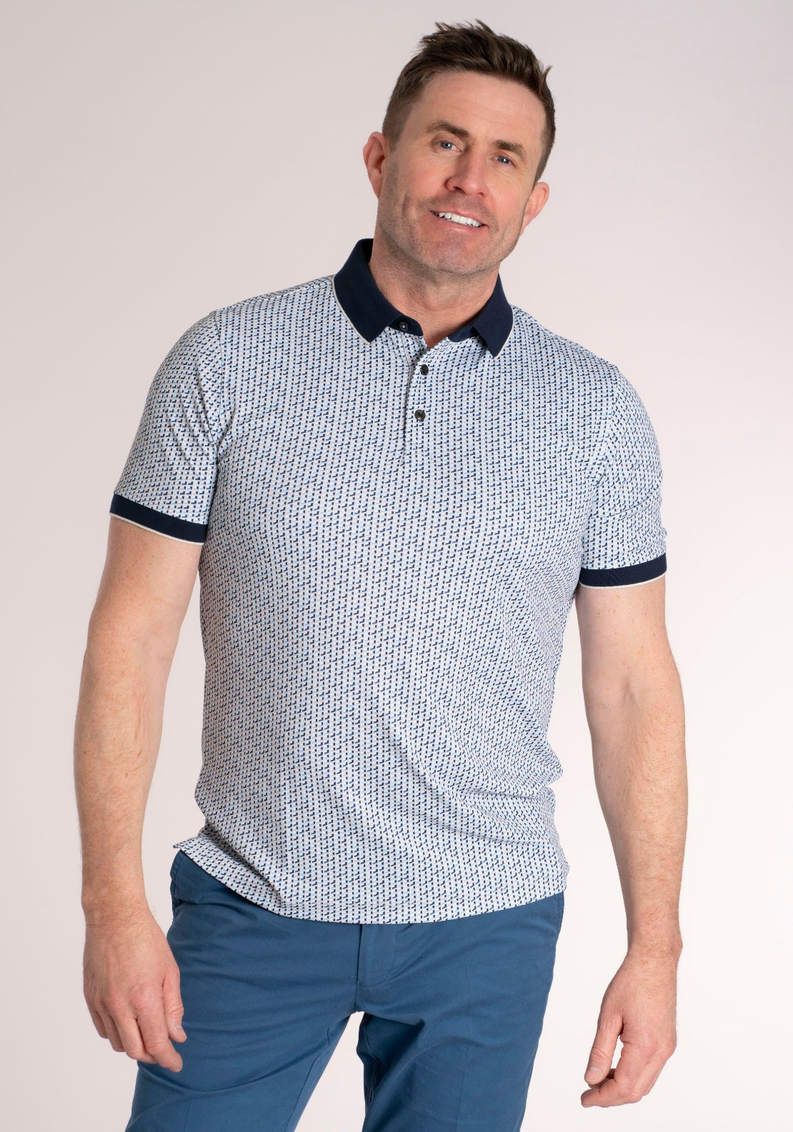 Yeats 100% Cotton 3 Button Print Polo - Soft Gray 1 Shaws Department Stores