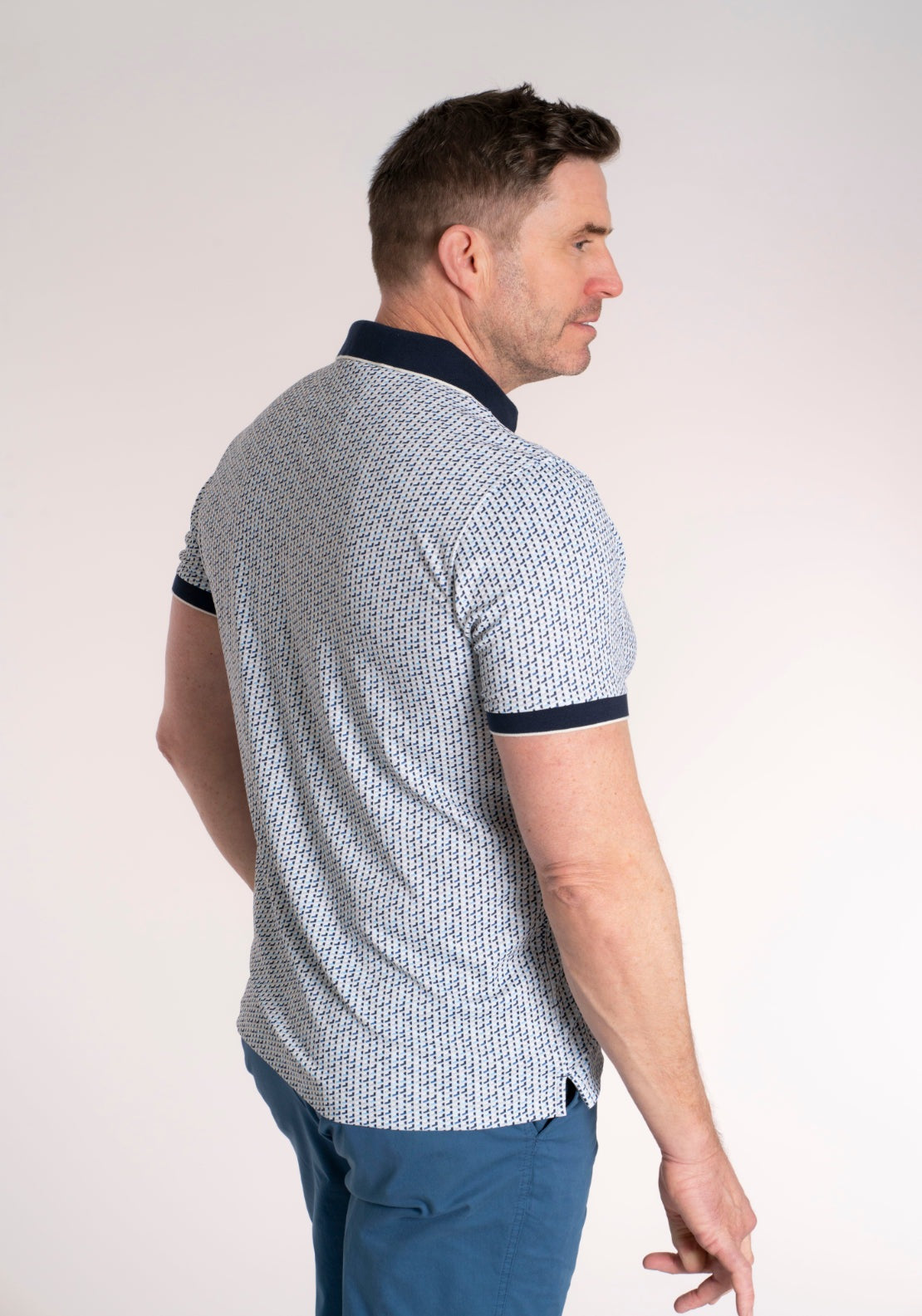 Yeats 100% Cotton 3 Button Print Polo - Soft Gray 3 Shaws Department Stores