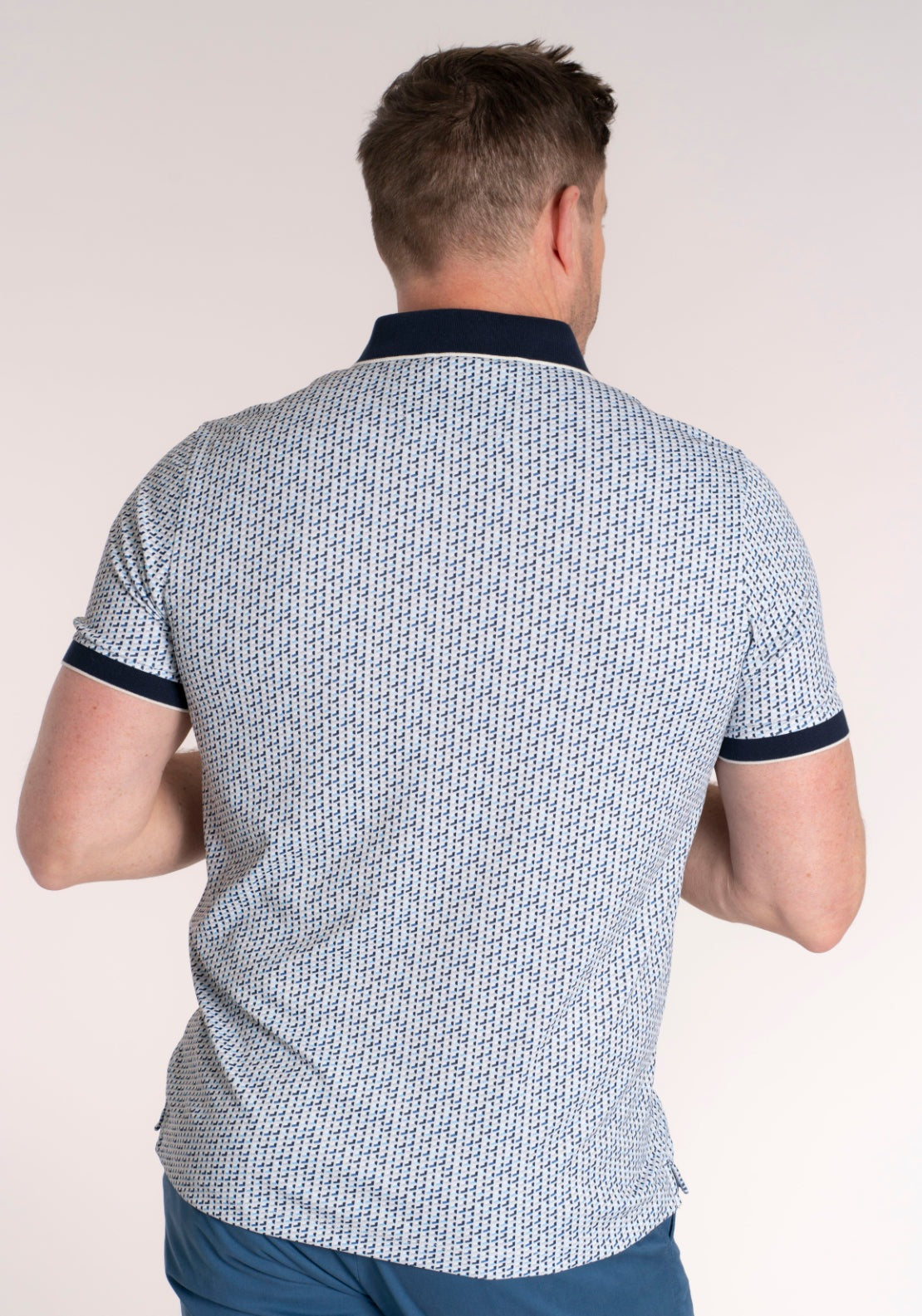 Yeats 100% Cotton 3 Button Print Polo - Soft Gray 2 Shaws Department Stores