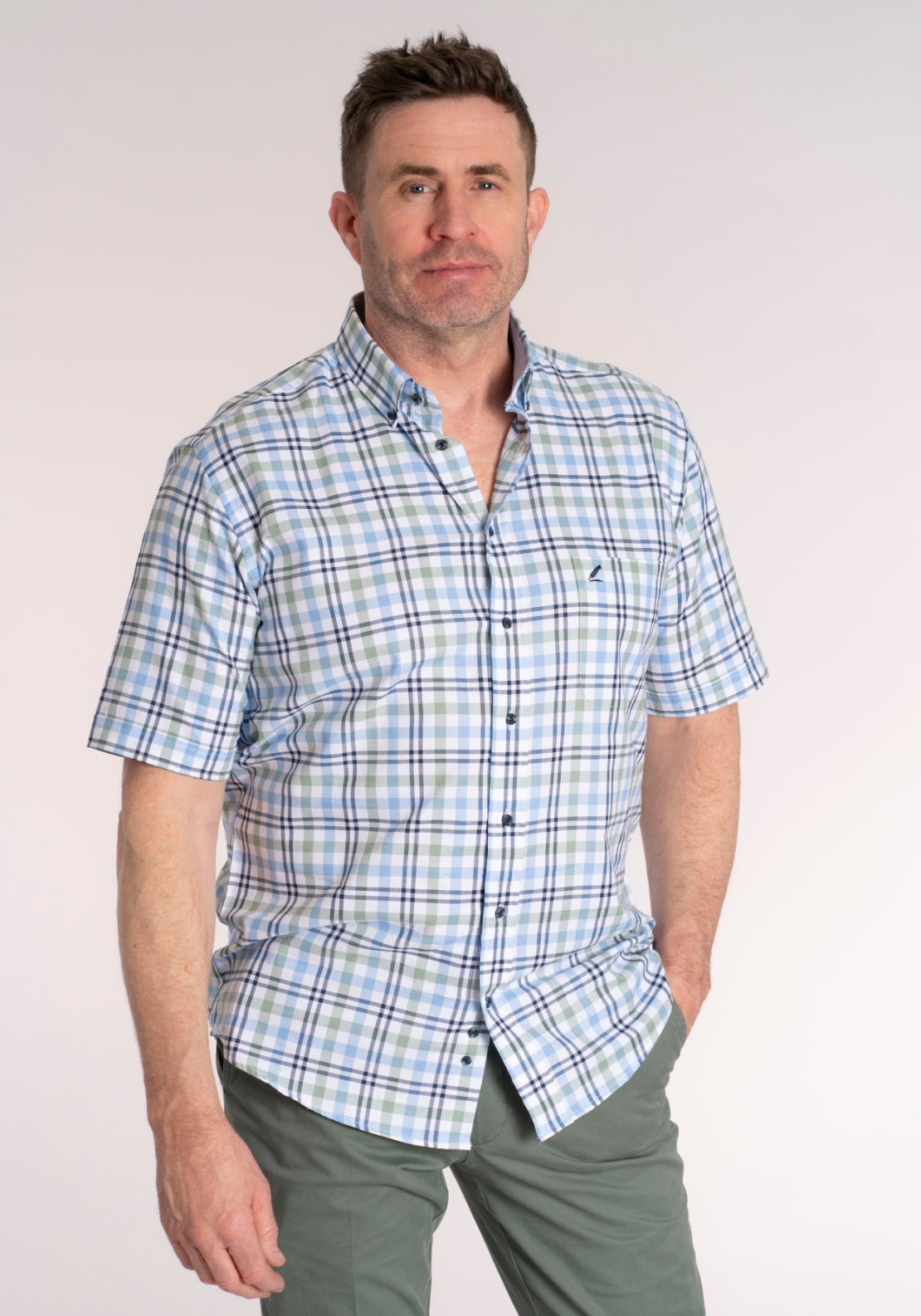 Yeats 100% Cotton Short Sleeve Check Shirt - Green / Blue 1 Shaws Department Stores