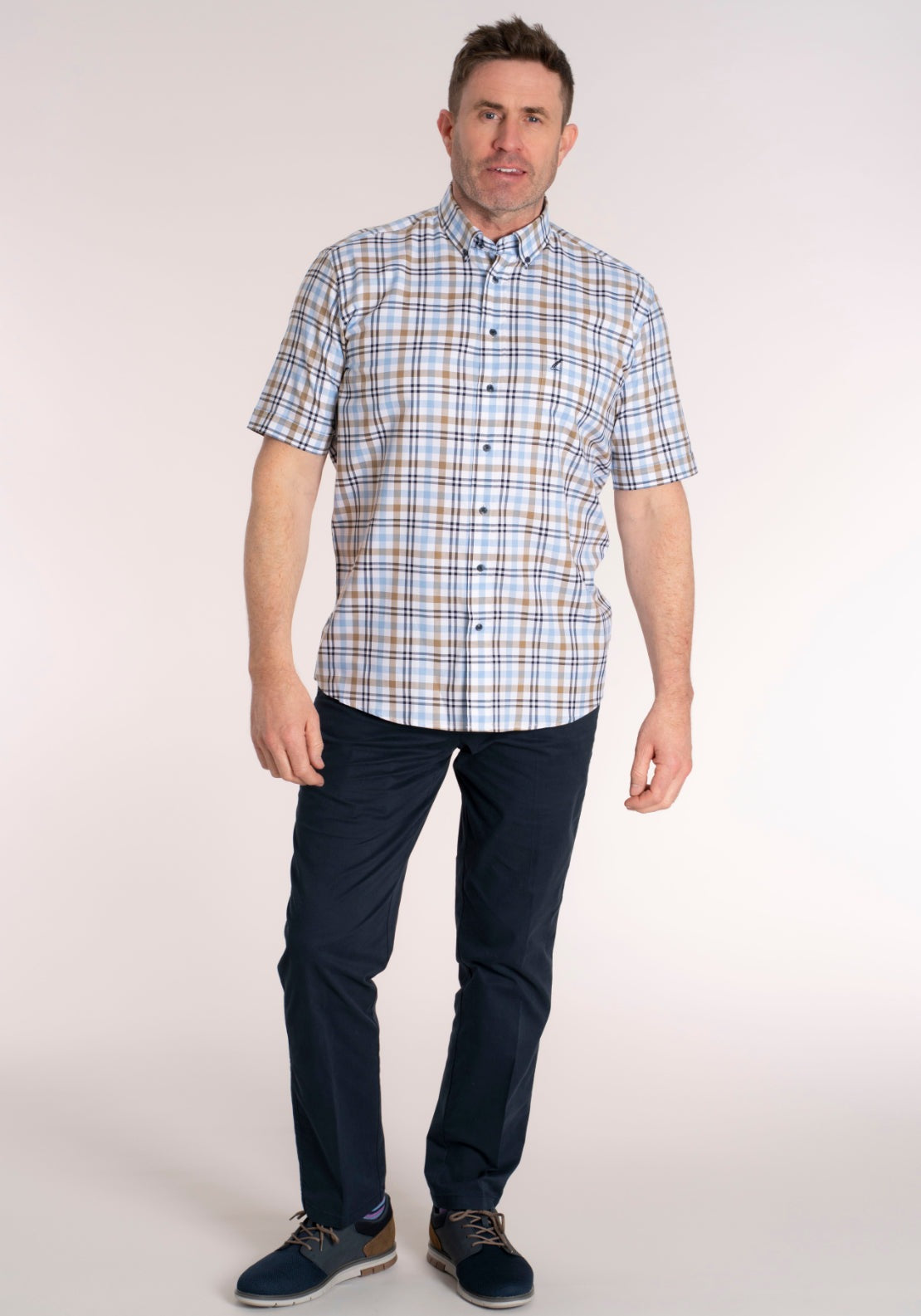 Yeats 100% Cotton Short Sleeve Check Shirt - Brown/blue 6 Shaws Department Stores