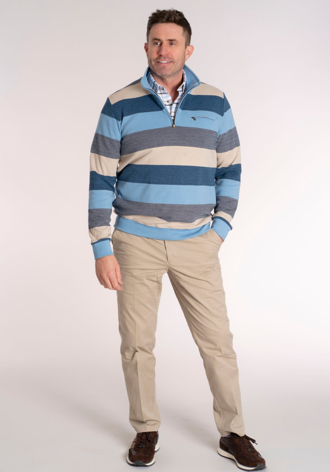 Yeats 1/4 Zip Stripe Sweat - Blue / Beige 5 Shaws Department Stores