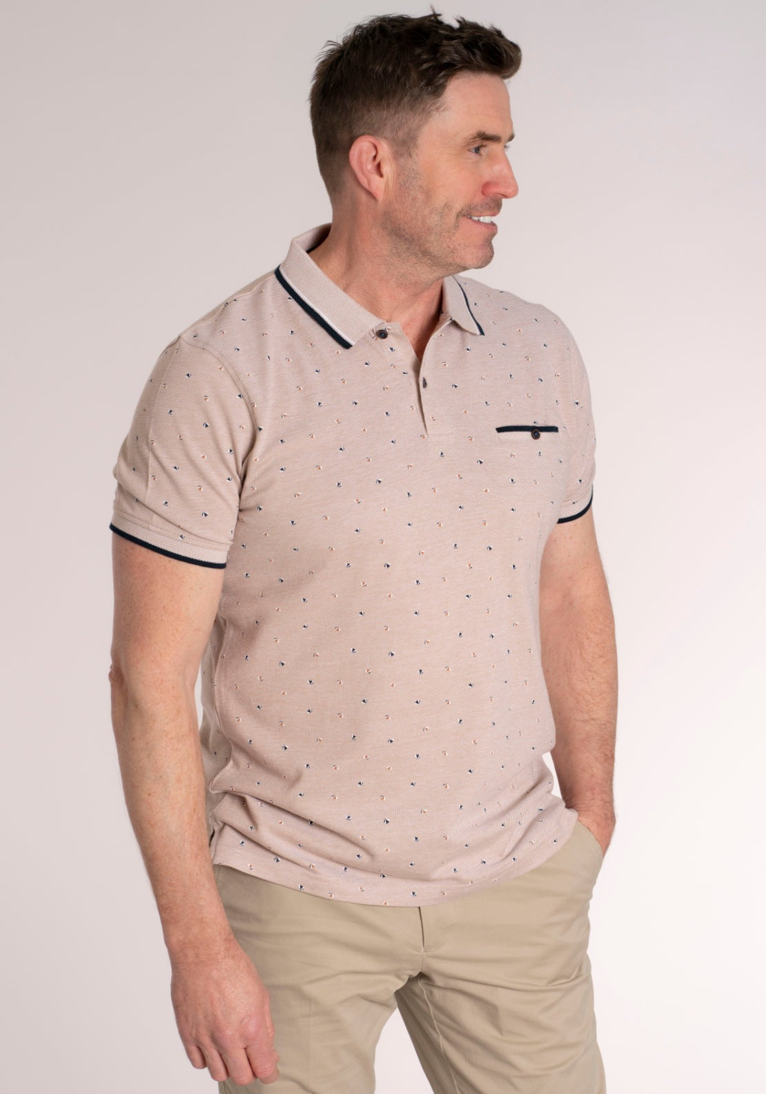 Yeats 100% Cotton Short Sleeve Print Polo - Beige 4 Shaws Department Stores