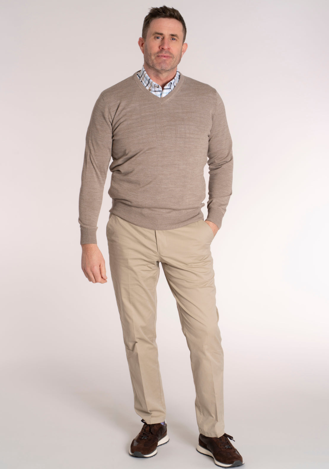Yeats Fine Merino Wool Blend V-Neck Knitwear - Beige 5 Shaws Department Stores