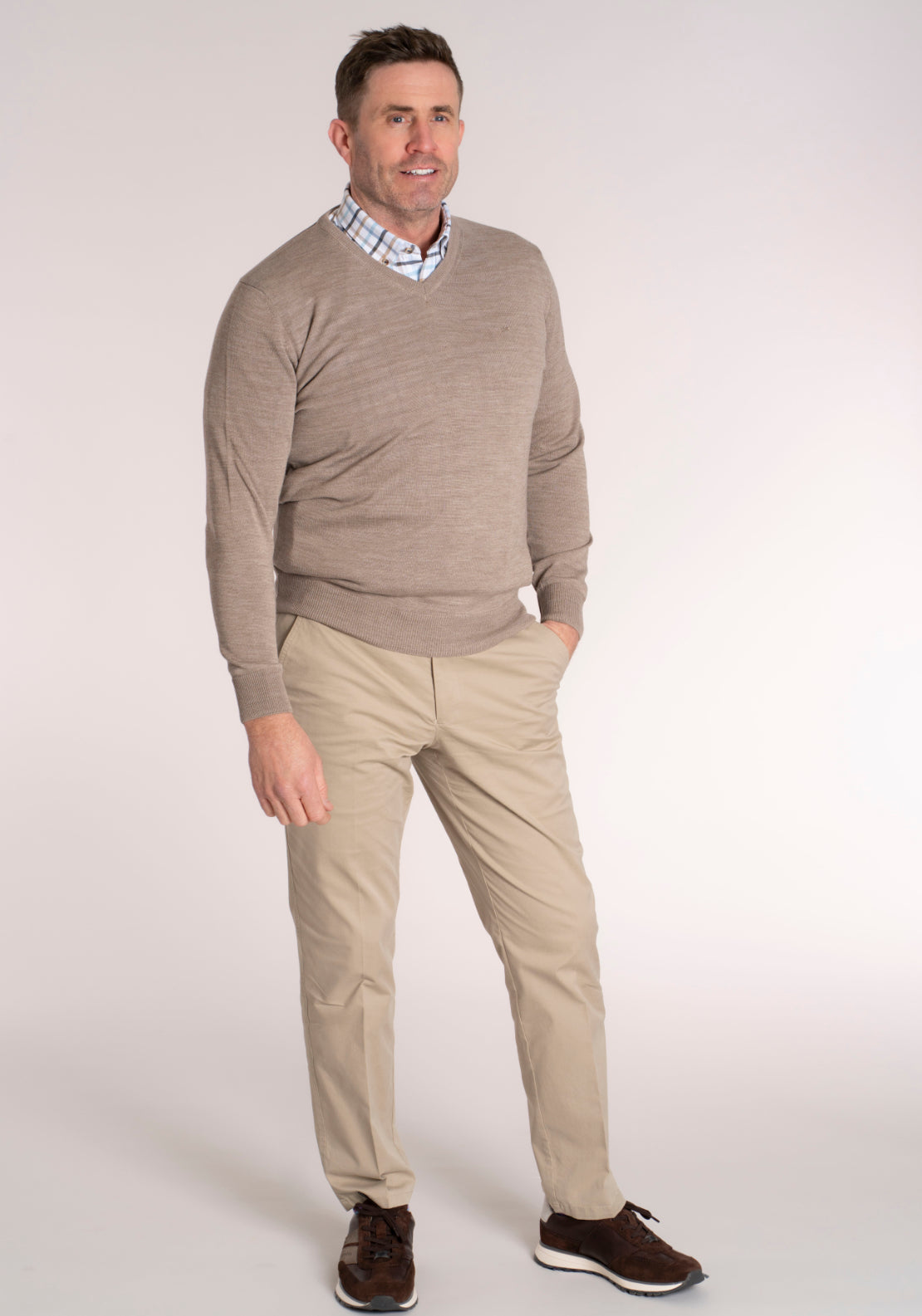 Yeats Fine Merino Wool Blend V-Neck Knitwear - Beige 6 Shaws Department Stores