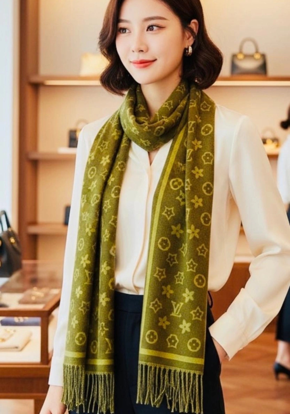 Anthea Monogram Print Boxed Scarf - Green 3 Shaws Department Stores