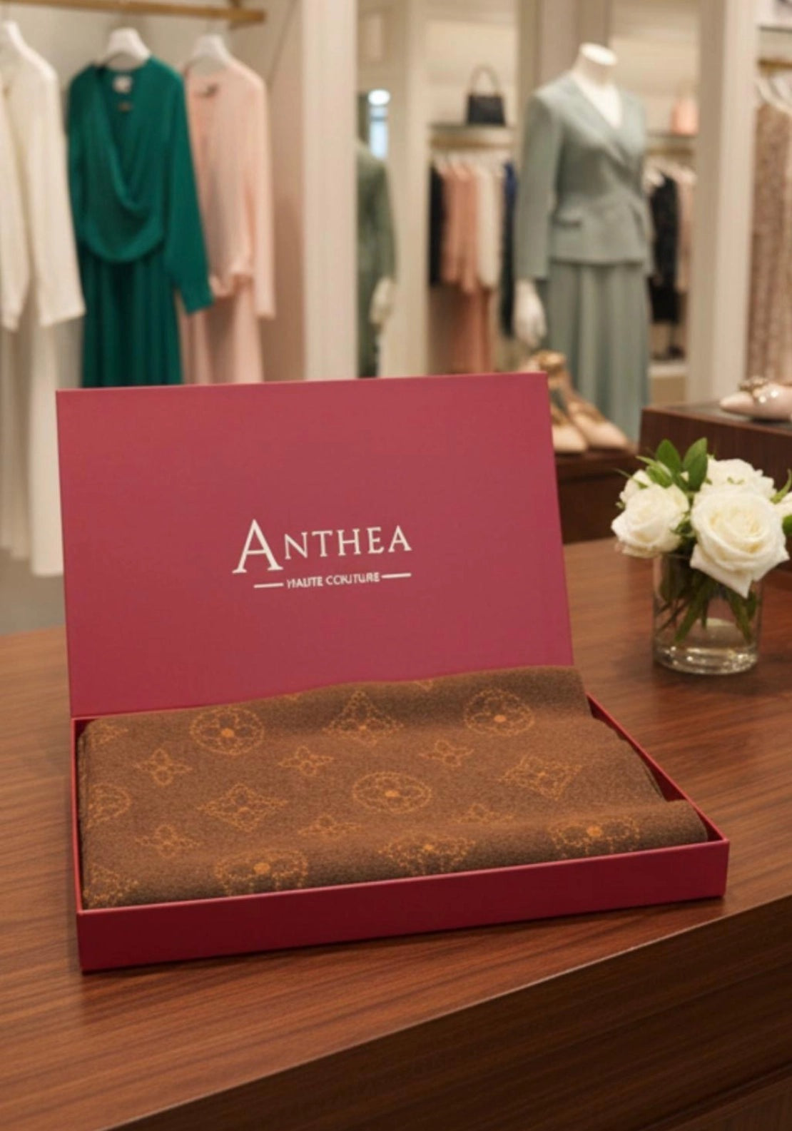Anthea Monogram Print Boxed Scarf - Brown 2 Shaws Department Stores