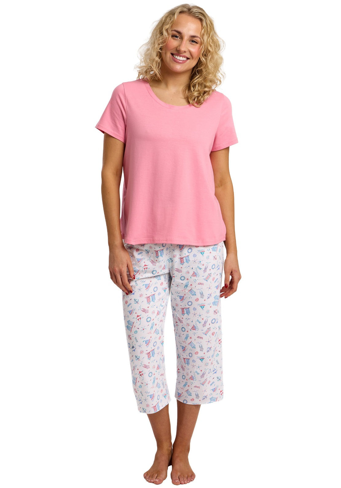 Indigo Sky 100% Cotton Beach Print Cropped Pyjama Set - Pink 1 Shaws Department Stores