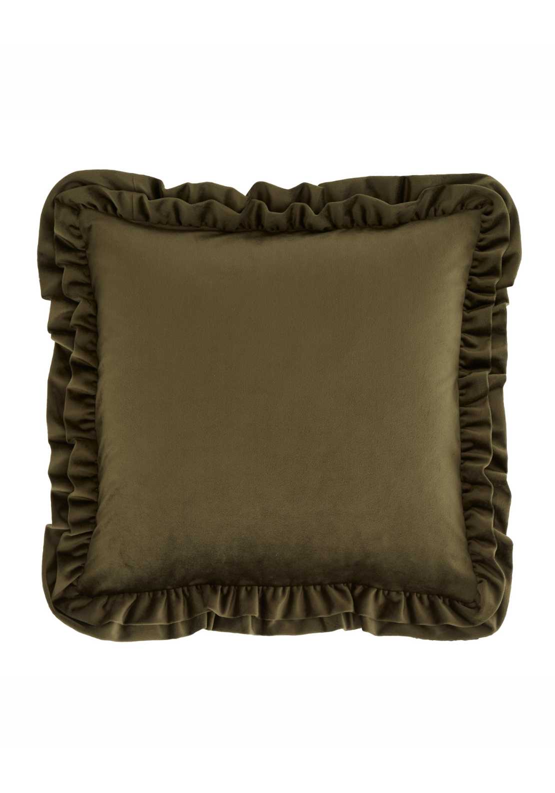 The Home Luxury Collection Reagan Soft Touch Matt Velvet Double Frill Cushion - Green 2 Shaws Department Stores