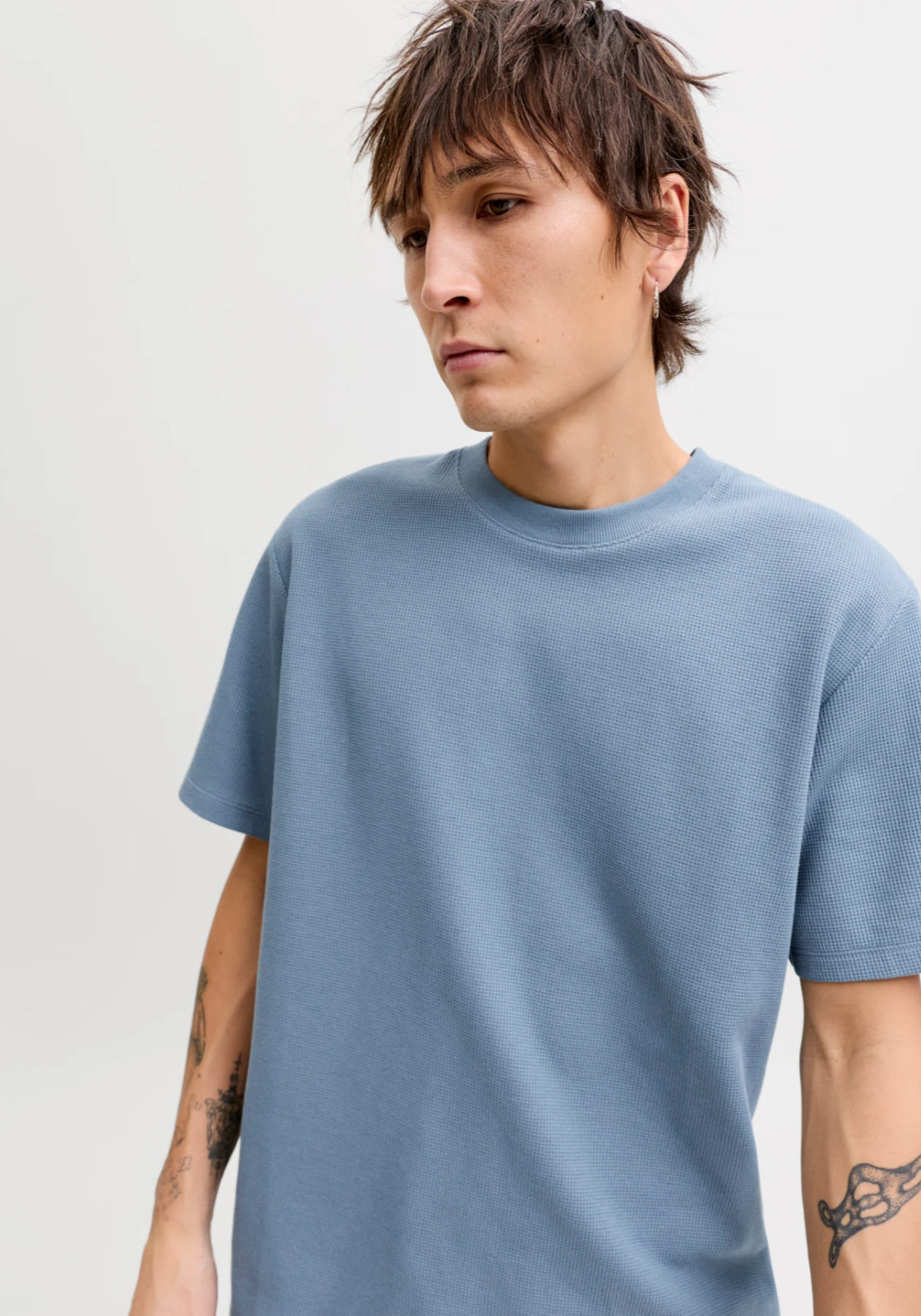 Jack &amp; Jones Plain Textured T-Shirt - Blue 3 Shaws Department Stores