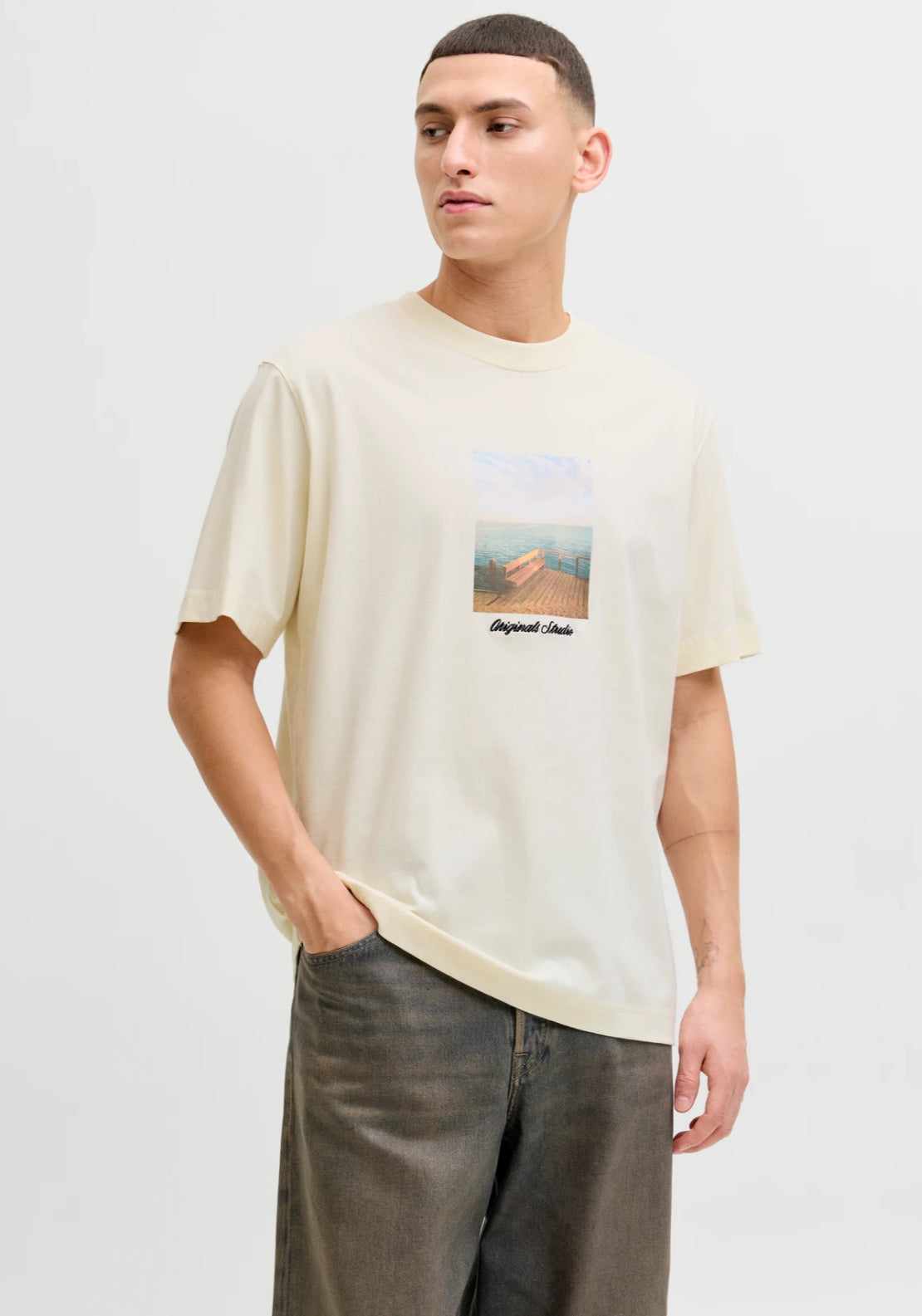 Jack &amp; Jones Scenic Print T-Shirt - Antique White 1 Shaws Department Stores